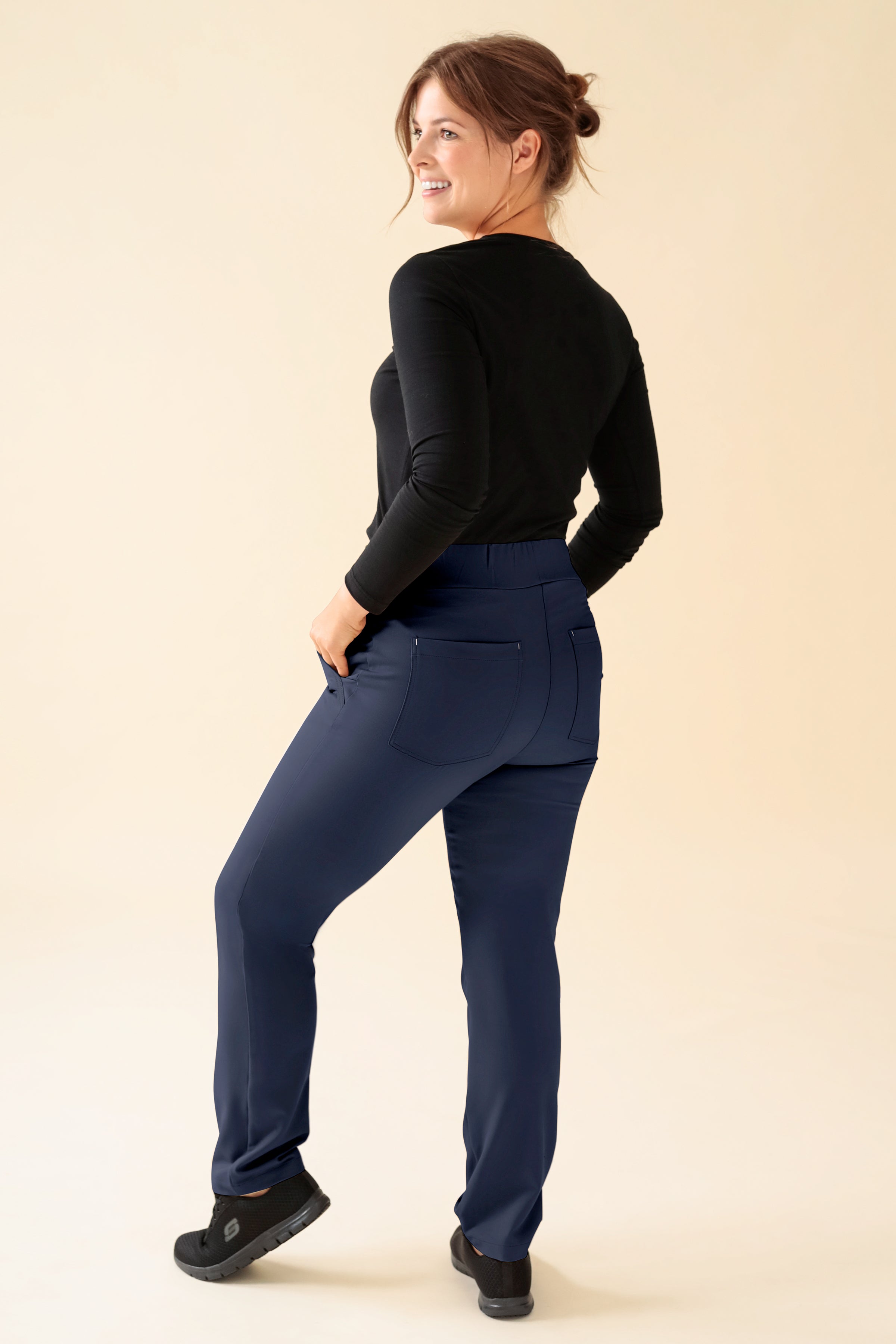 KAERE Pantalon Femme - Taille courte et sans poches cargo bleu navy