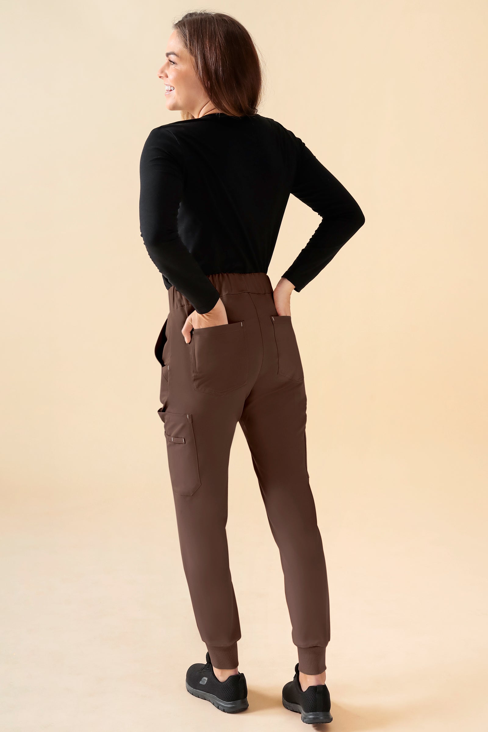 KAERE Pantalon Femme - avec poches cargo et ourlets côtelés Taille courte coffee