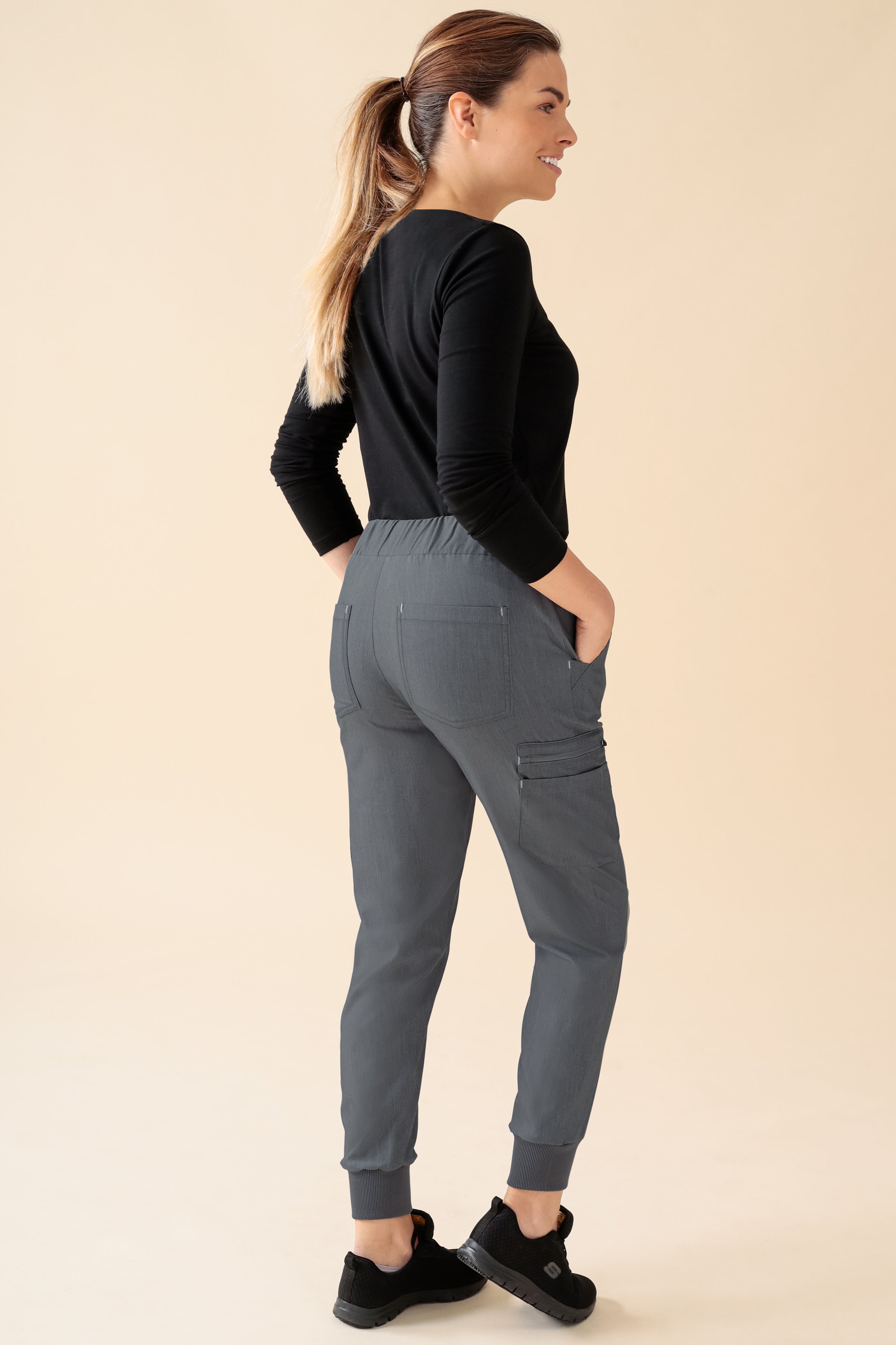 KAERE Pantalon Femme - avec poches cargo et ourlets côtelés Taille courte gris chiné