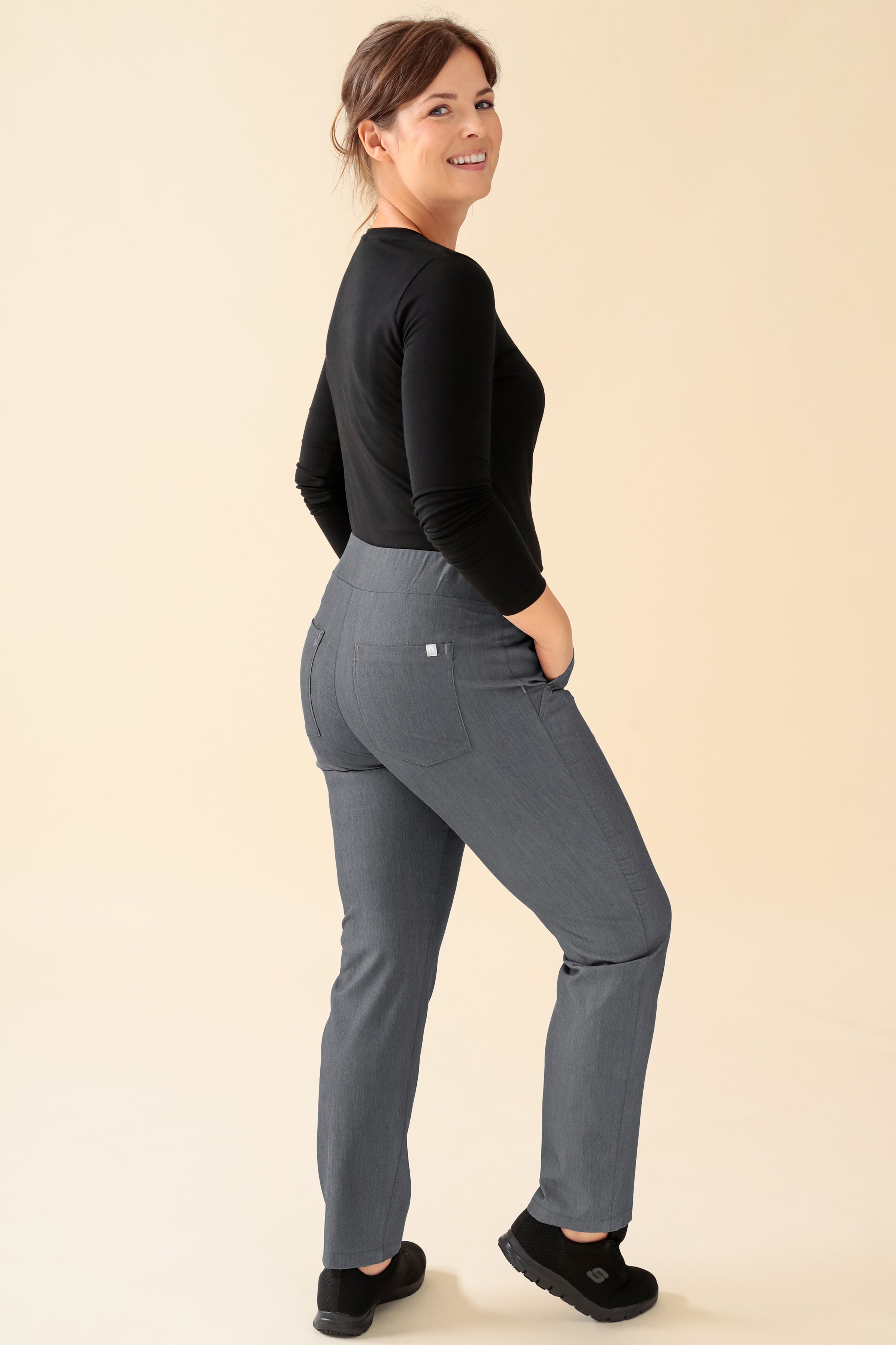 KAERE Pantalon Femme - Taille courte et sans poches cargo gris chiné, Vue de dos