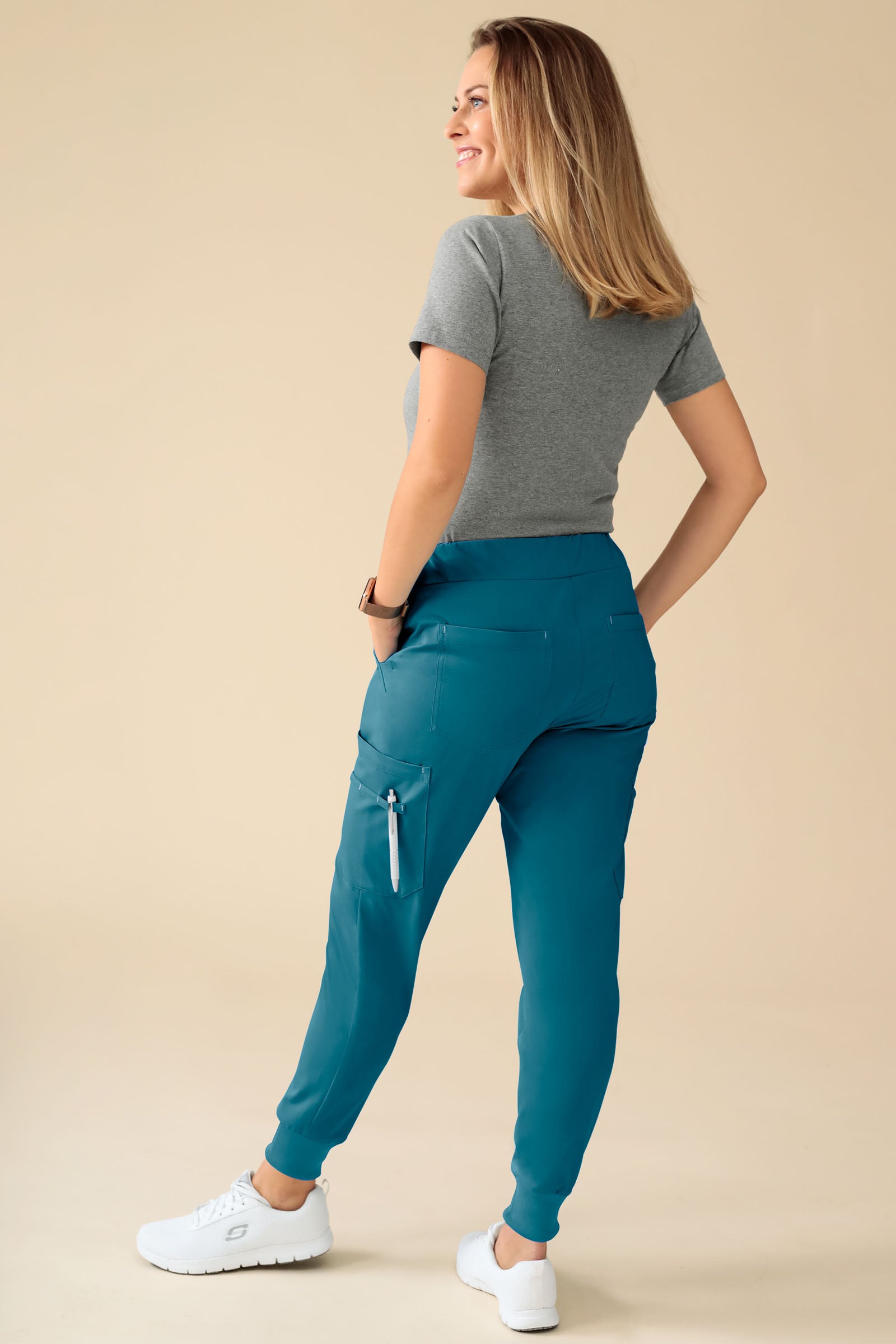 KAERE Pantalon Femme - avec poches cargo et ourlets côtelés Taille courte pétrole