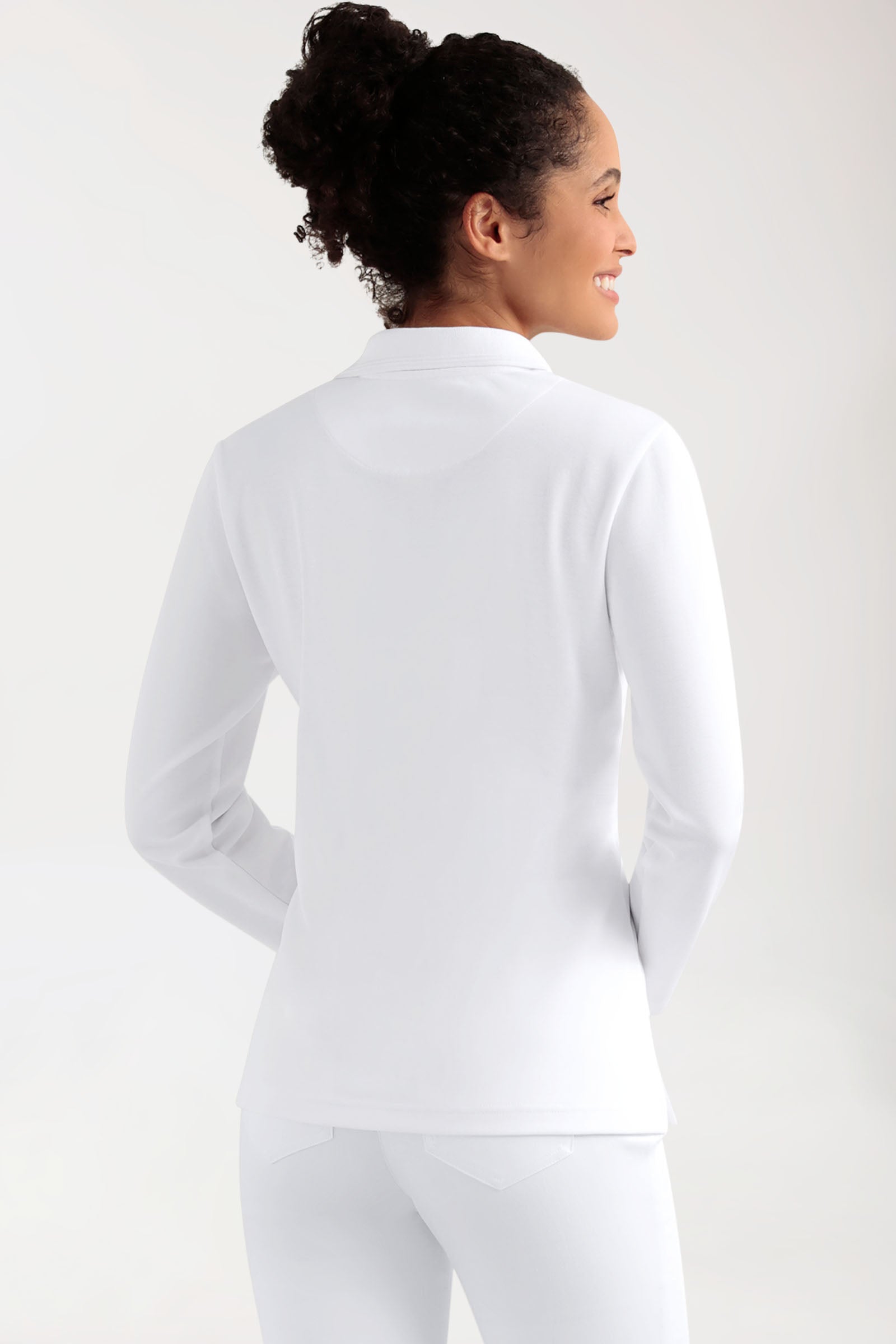 COMFY FLEX Femme, manche longue, maille piquée stretch – Col polo blanc