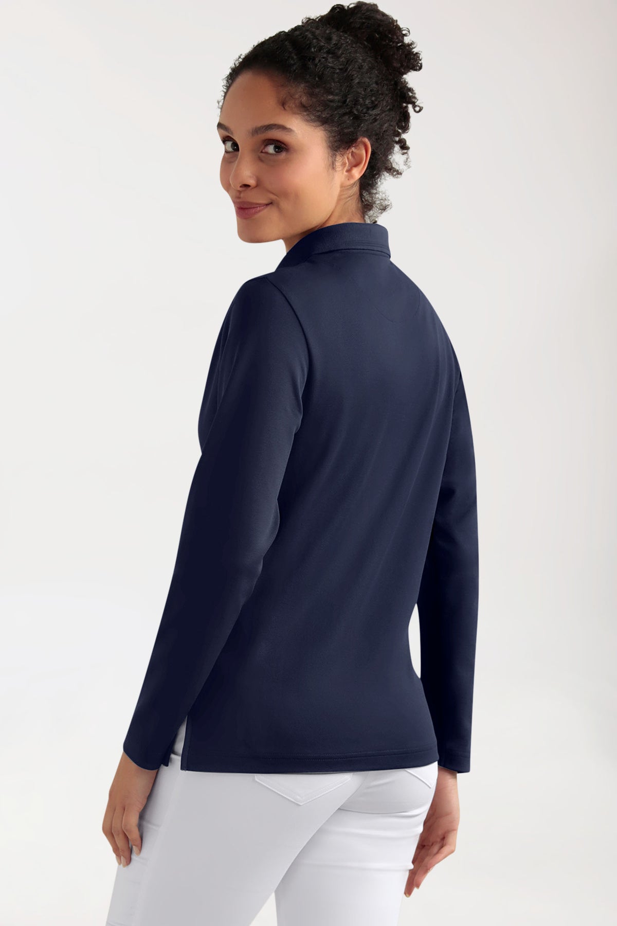 COMFY FLEX Femme, manche longue, maille piquée stretch – Col polo navy