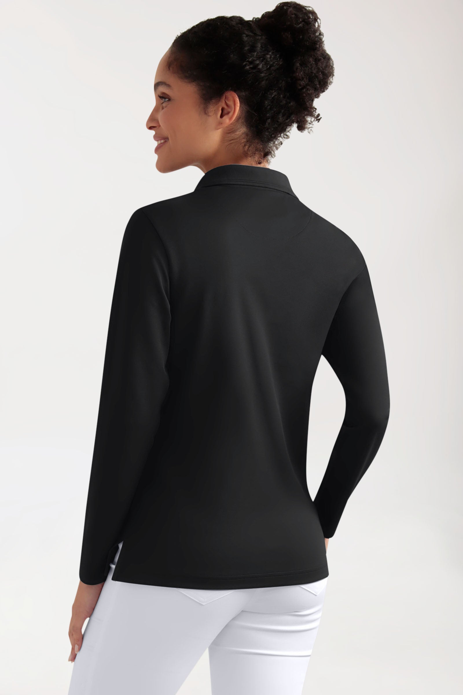 COMFY FLEX Femme, manche longue, maille piquée stretch – Col polo noir