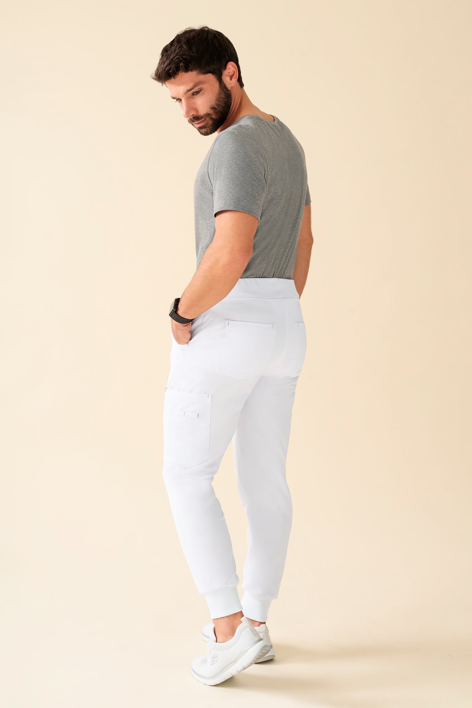 KAERE Pantalon Homme - avec poches cargo et ourlets côtelés Taille courte blanc