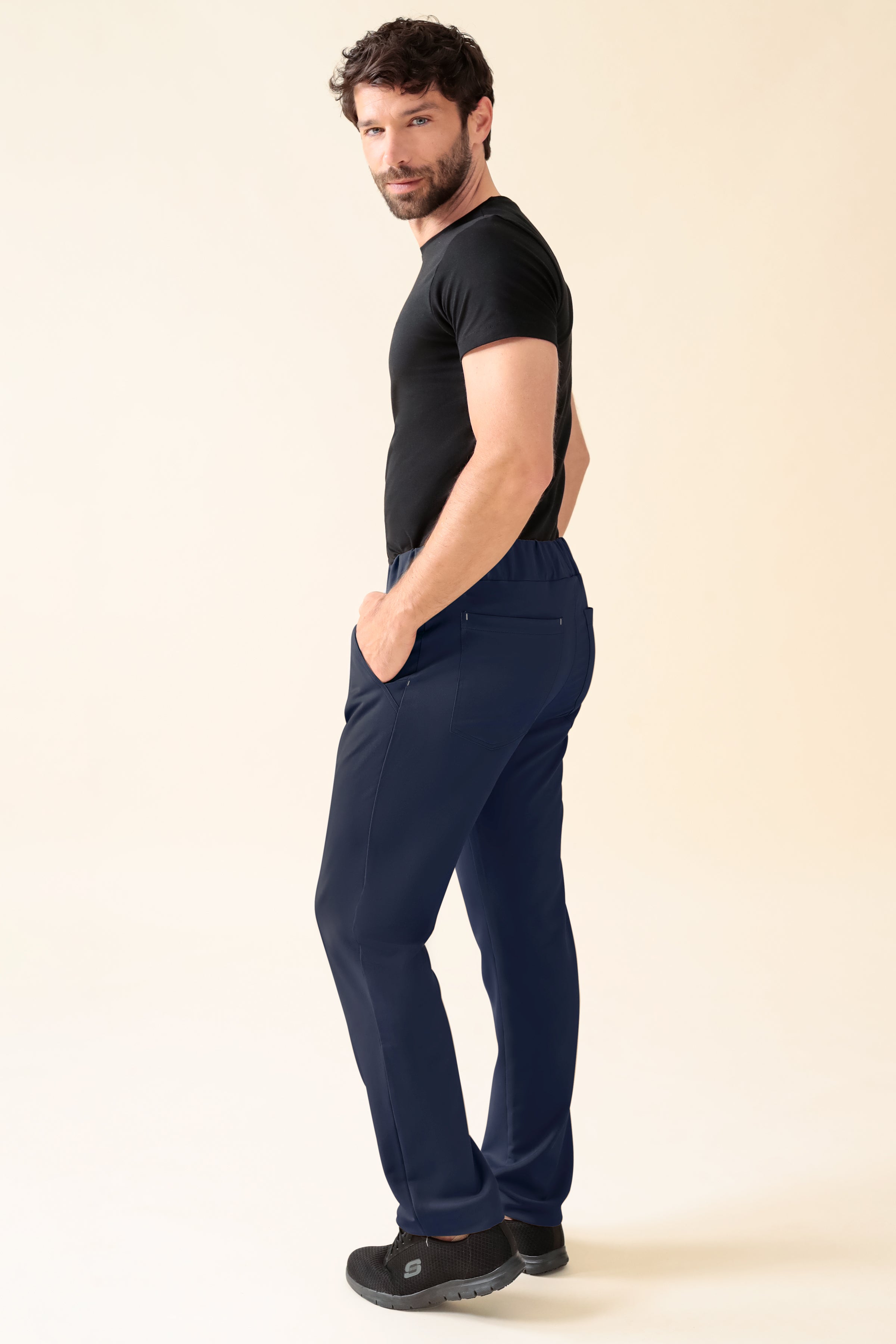 KAERE Pantalon Homme - Taille courte et sans poches cargo bleu navy, Vue de dos
