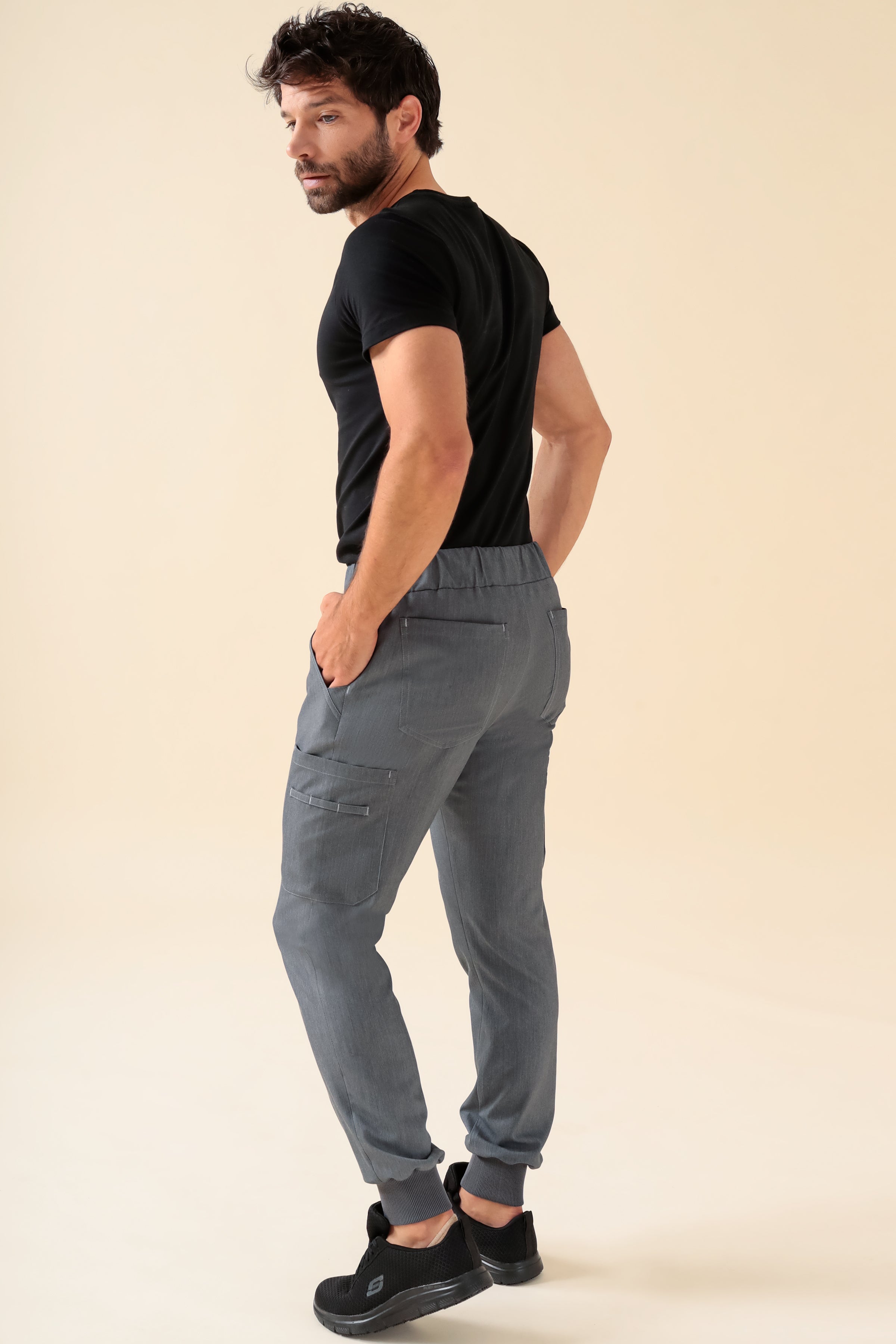 KAERE Pantalon Homme - avec poches cargo et ourlets côtelés Taille courte gris chiné, Vue de dos