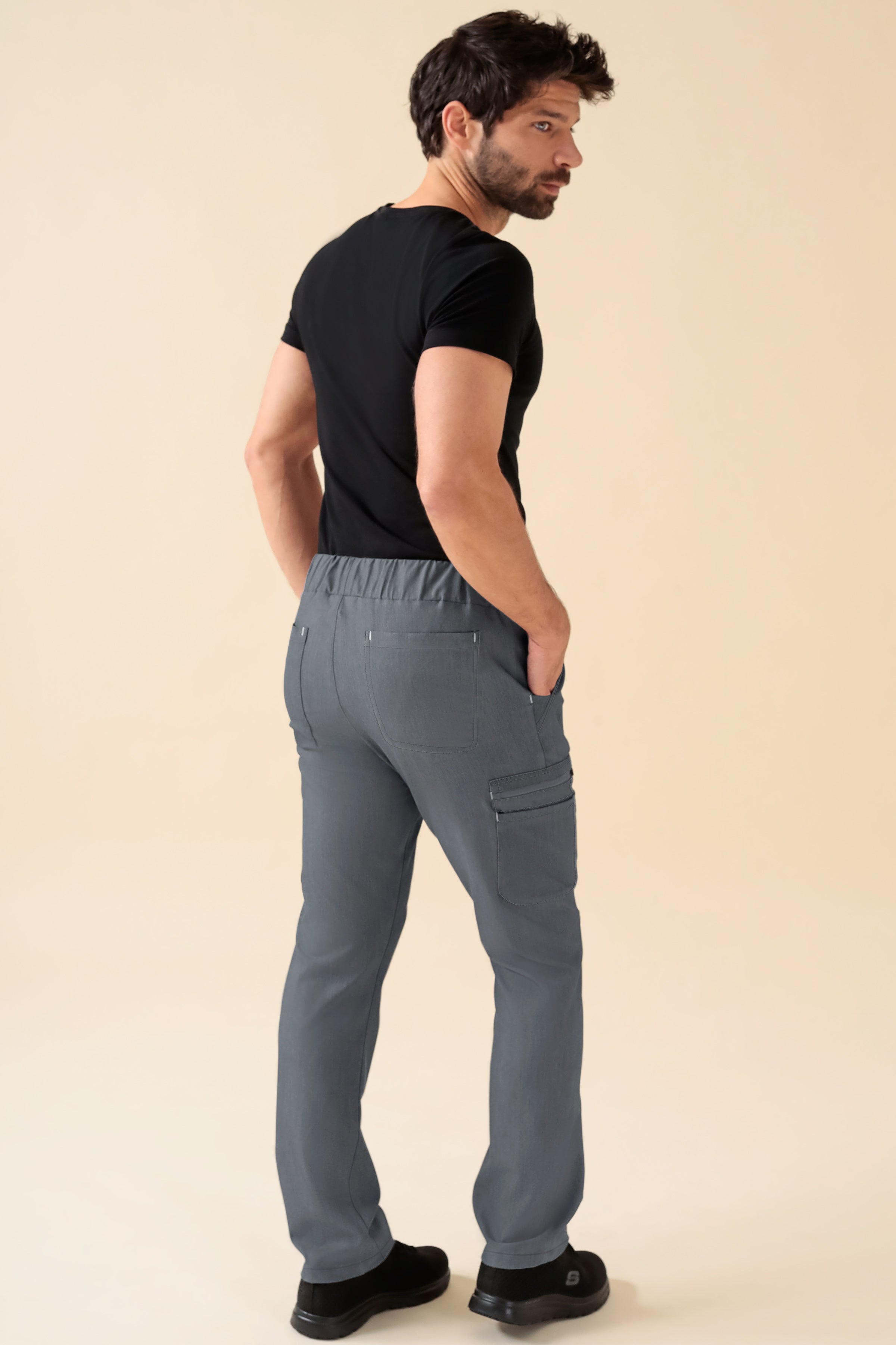 KAERE Pantalon Homme - avec poches cargo Taille courte gris chiné