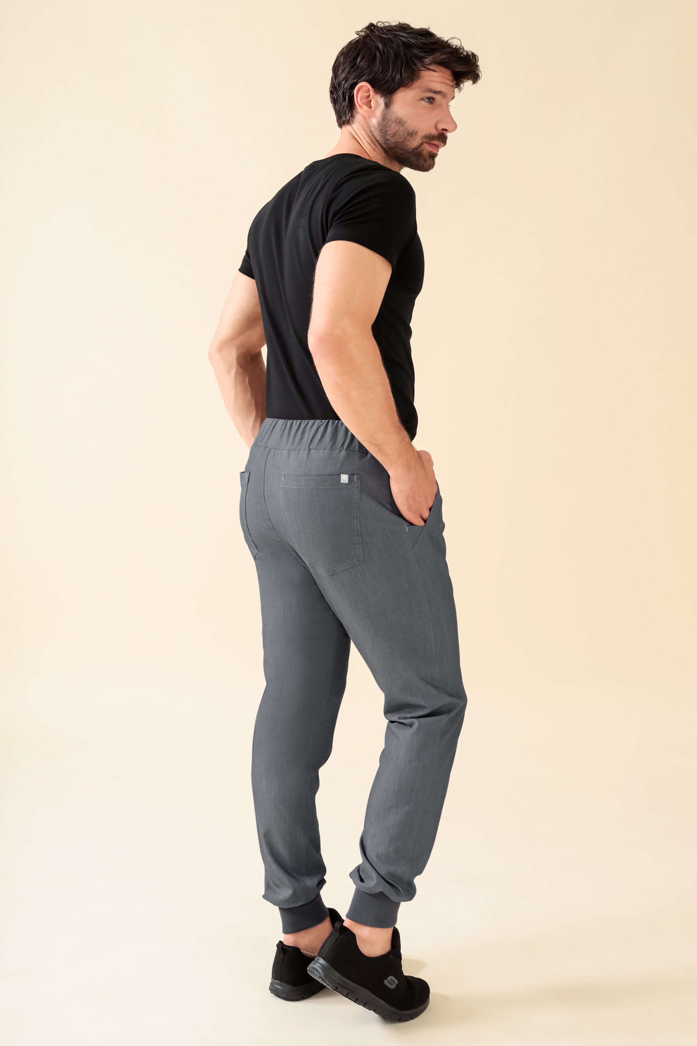 KAERE Pantalon Homme - ourlets côtelés Taille courte et sans poches cargo gris chiné, Vue de dos