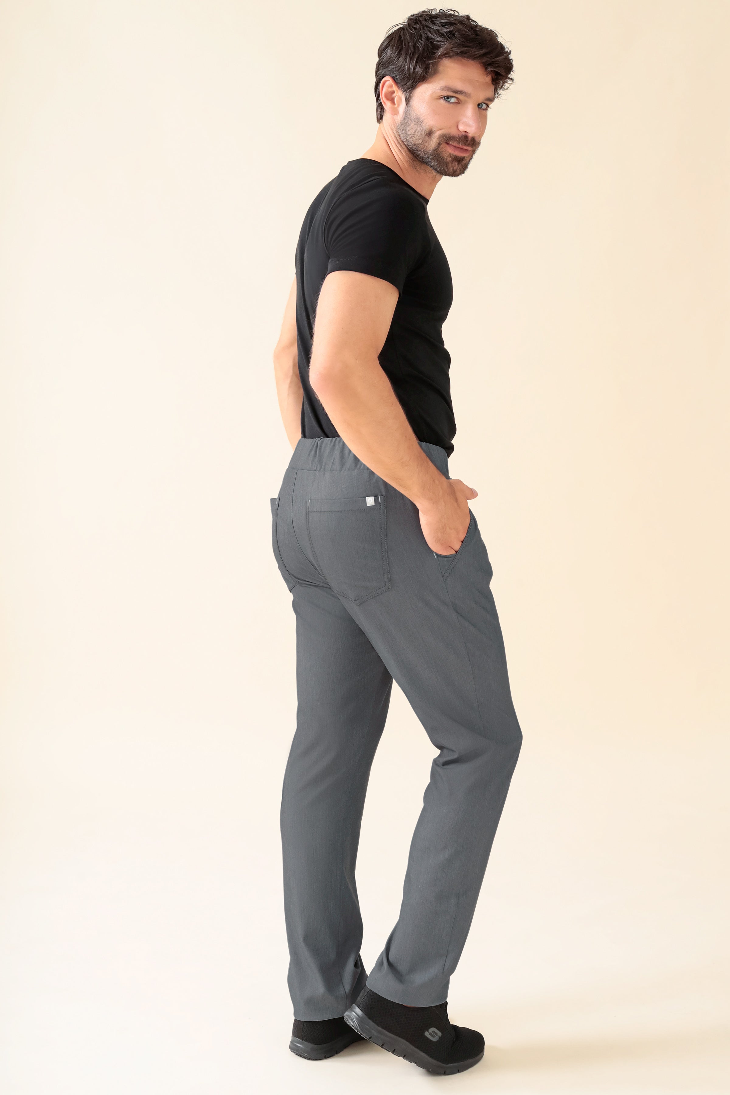 KAERE Pantalon Homme - Taille courte et sans poches cargo gris chiné, Vue de dos