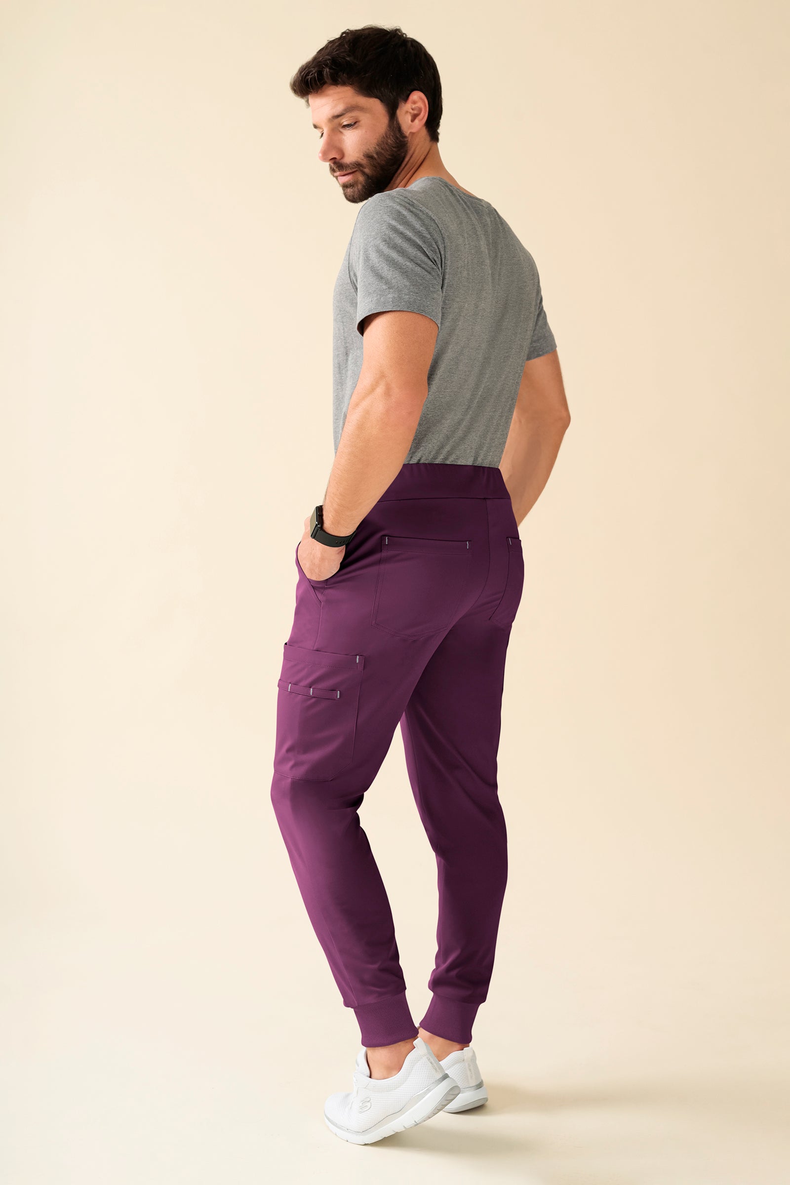 KAERE Pantalon Homme - avec poches cargo et ourlets côtelés Taille courte prune