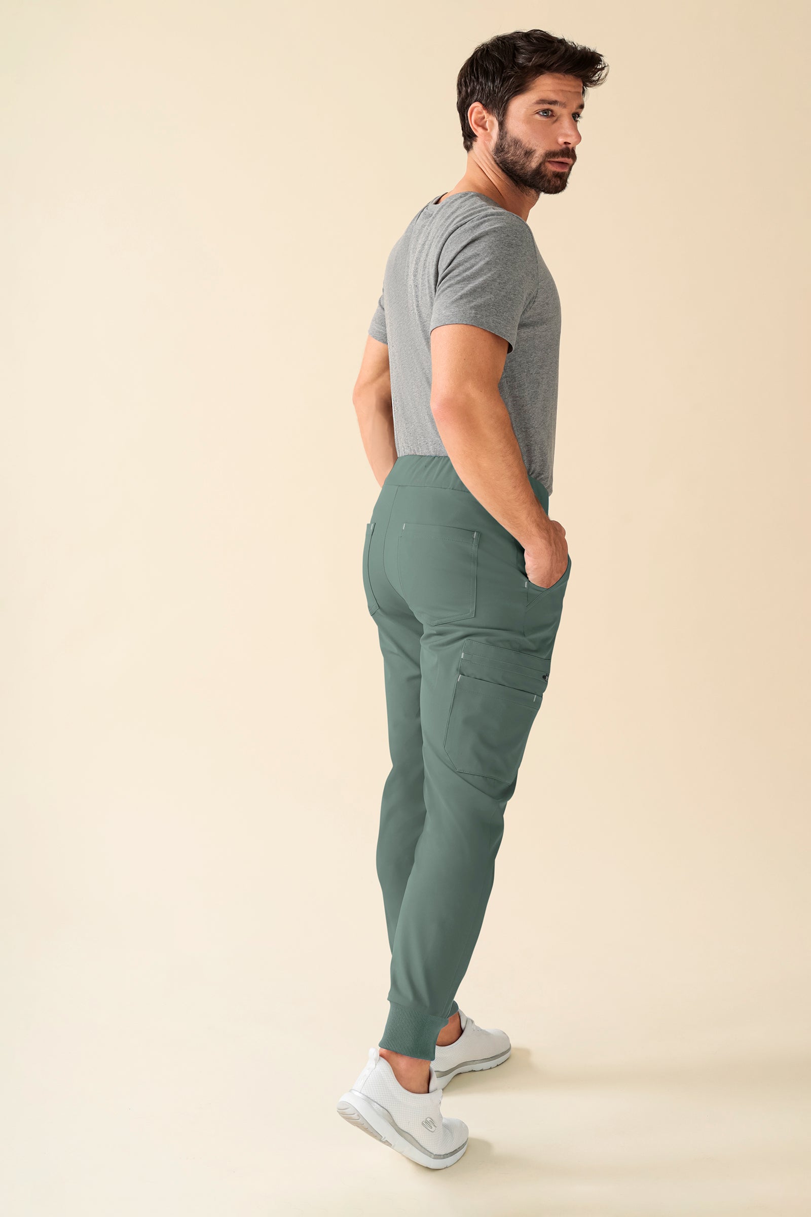 KAERE Pantalon Homme - avec poches cargo et ourlets côtelés Taille courte vert foncé