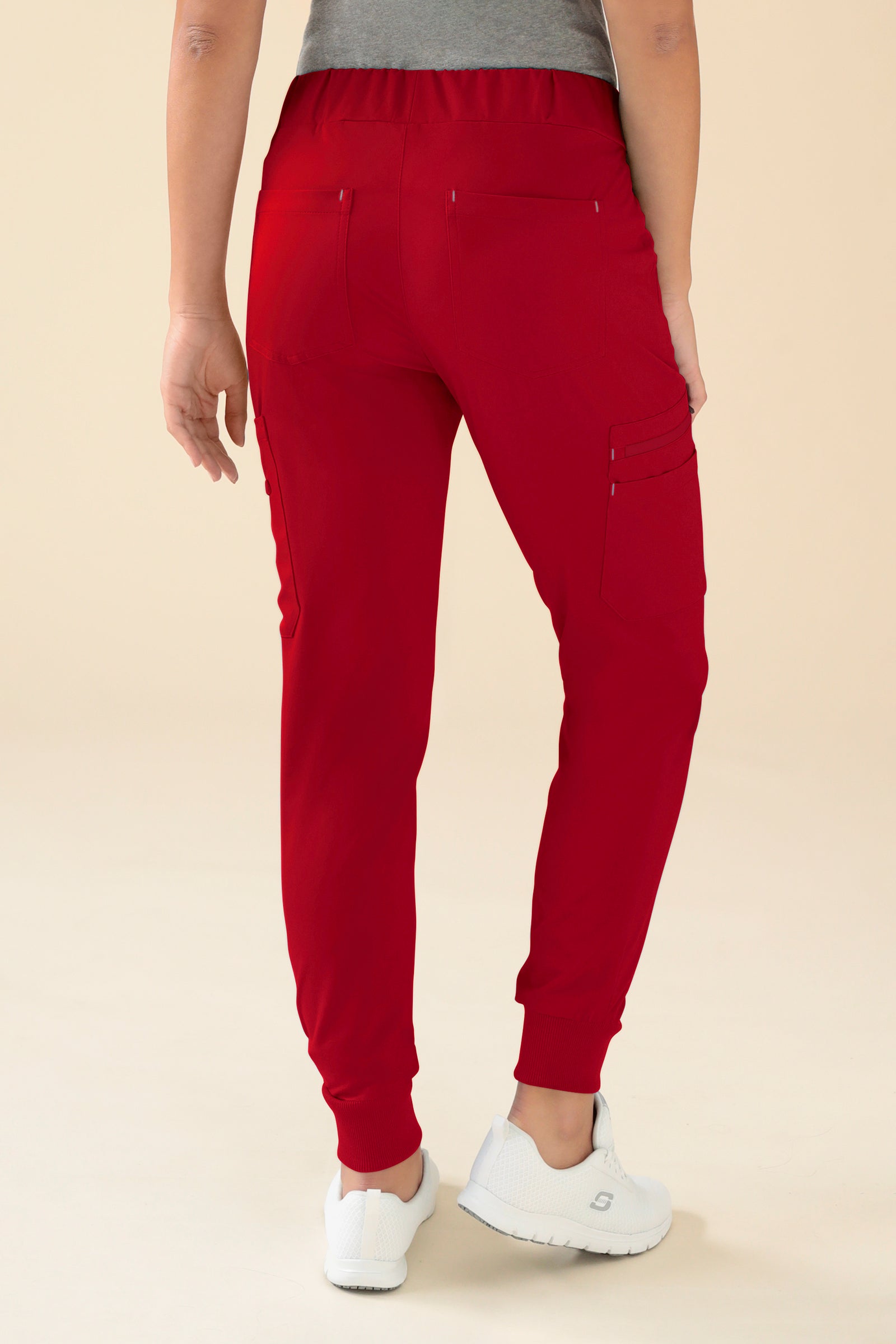 KAERE Pantalon Femme - avec poches cargo et ourlets côtelés rouge, Vue de dos Le mannequin mesure 176 cm et porte la taille S