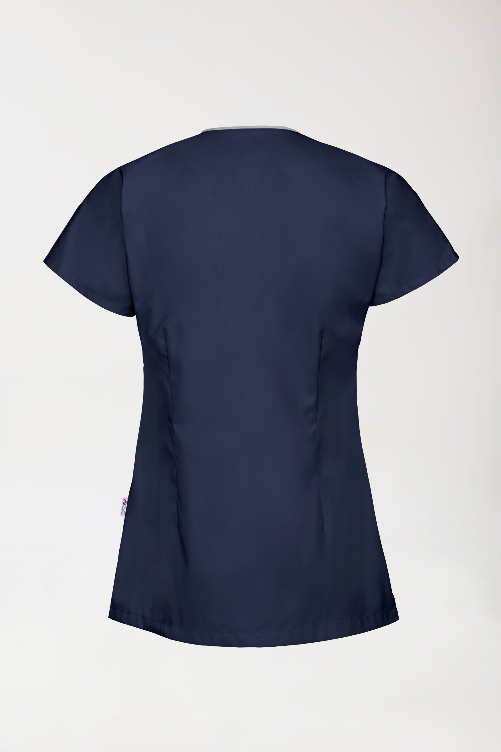Blouse Beauté Femme - Patte pressions asymétrique bleu navy/gris, Vue de dos