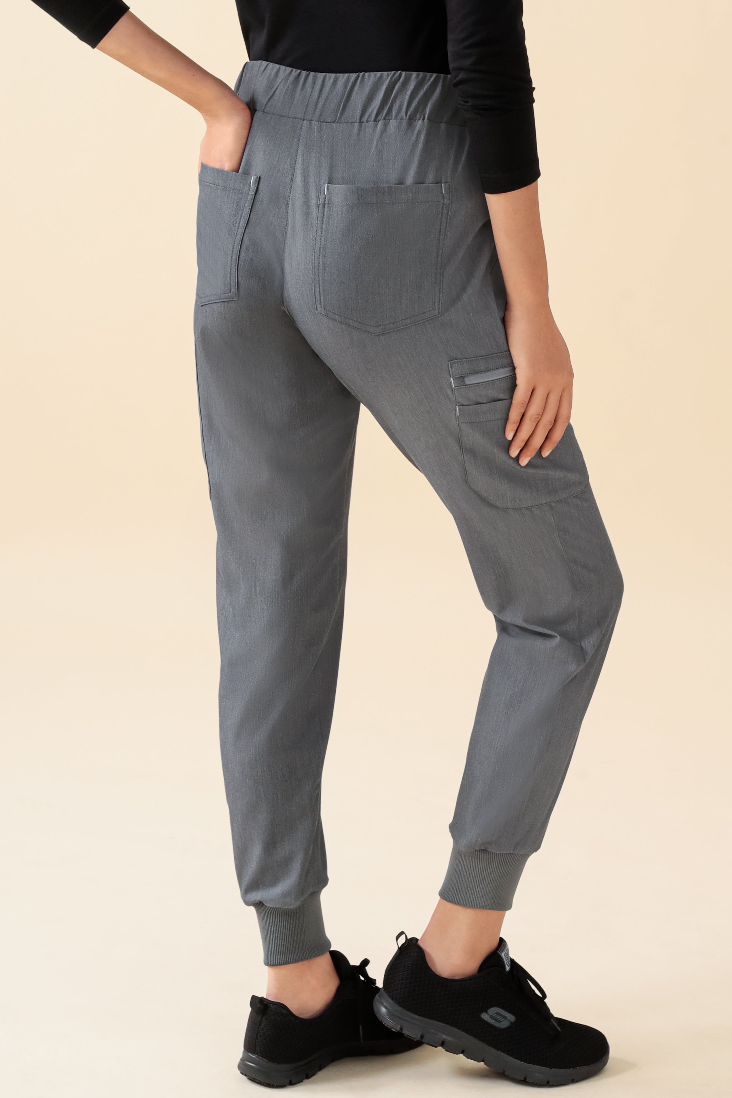 KAERE Pantalon Femme - avec poches cargo et ourlets côtelés gris chiné