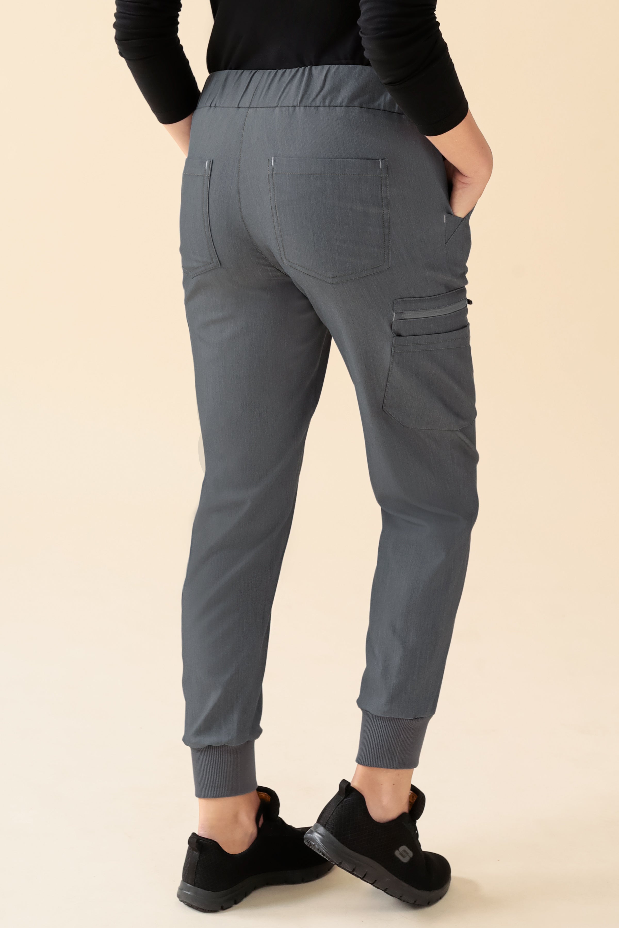 KAERE Pantalon Femme - avec poches cargo et ourlets côtelés Taille courte gris chiné