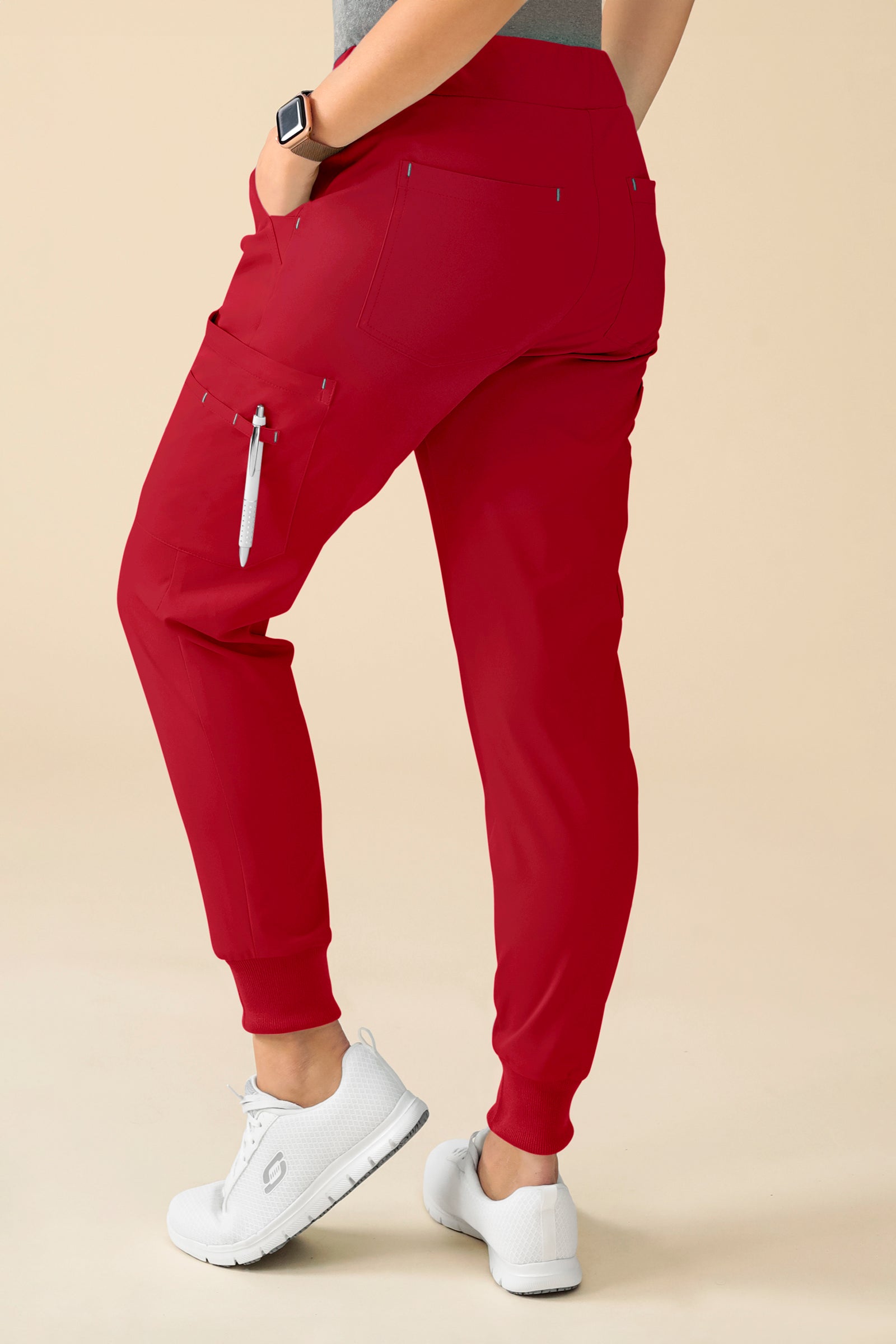 KAERE Pantalon Femme - avec poches cargo et ourlets côtelés Taille courte rouge