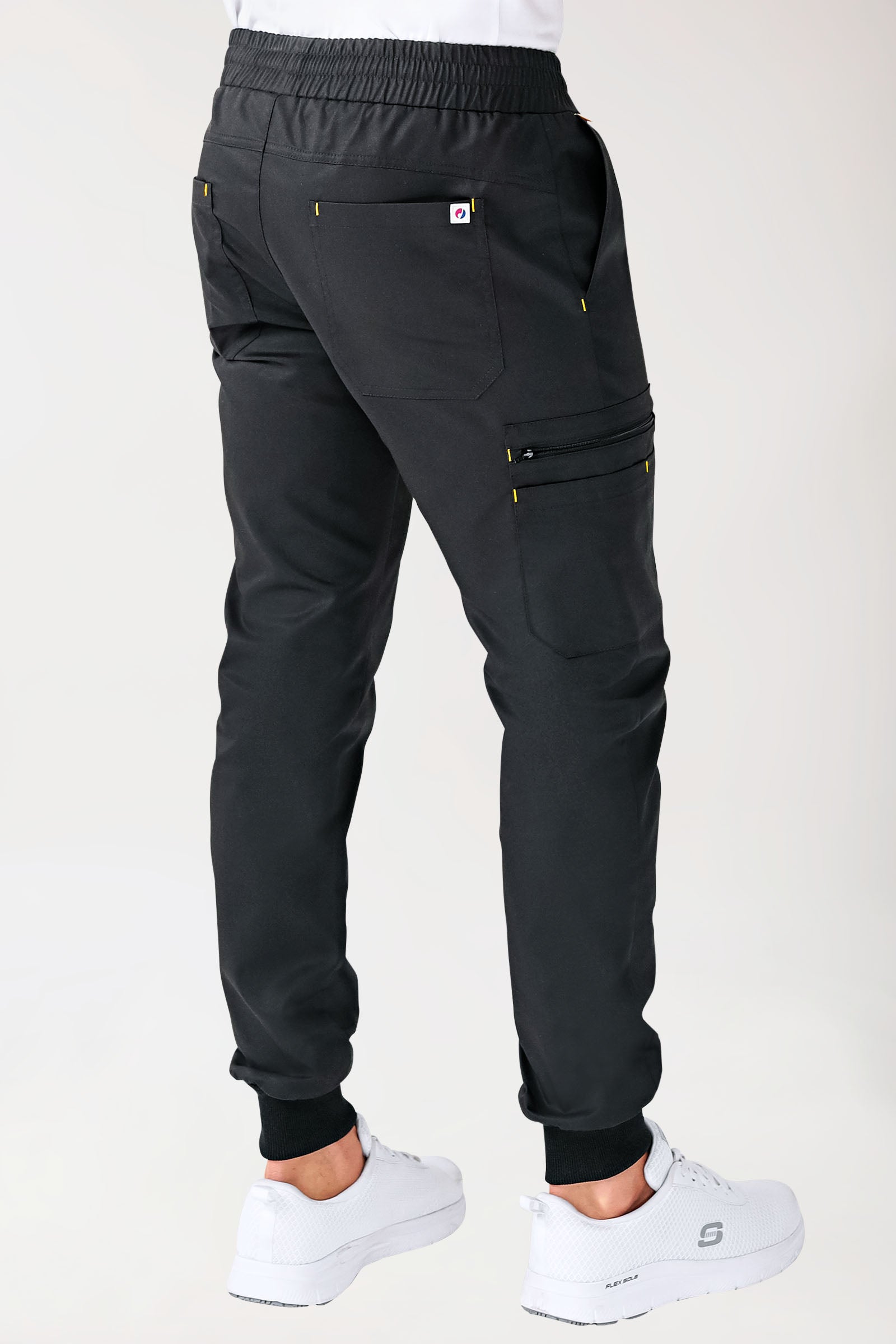 CLINIC STRETCH Pantalon Homme - ourlets côtelés noir/jaune, Vue de dos