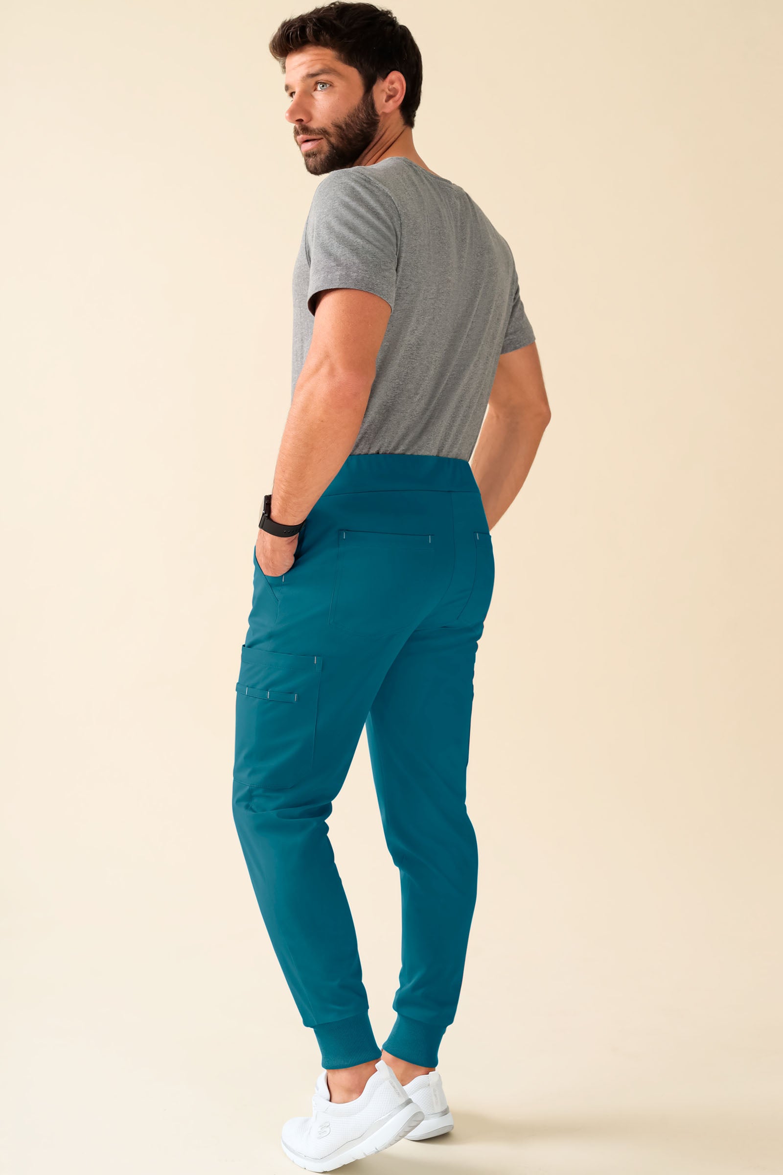 KAERE Pantalon Homme - avec poches cargo et ourlets côtelés Taille courte pétrole