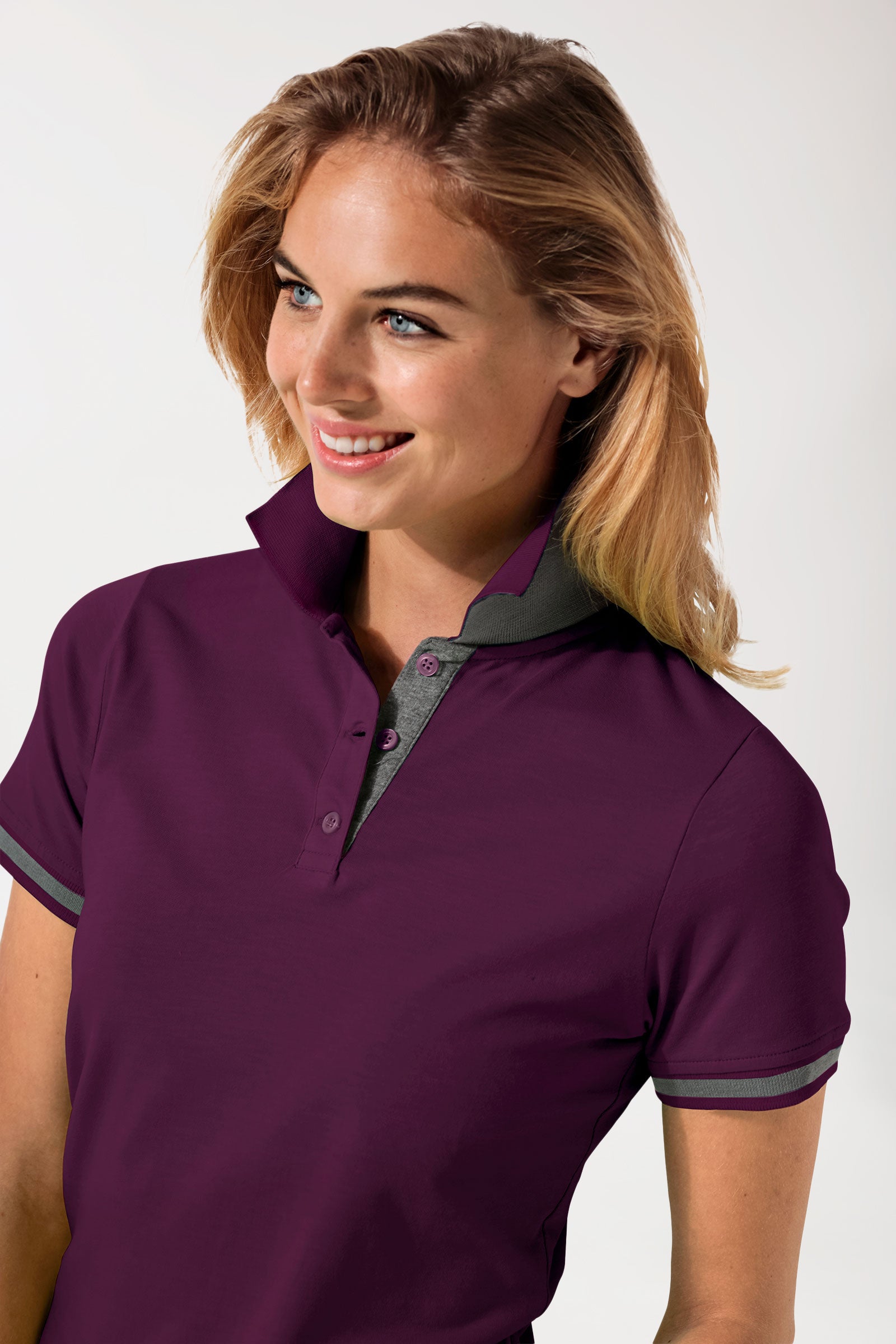 T-shirt Stretch Femme - Col polo prune/gris chiné foncé