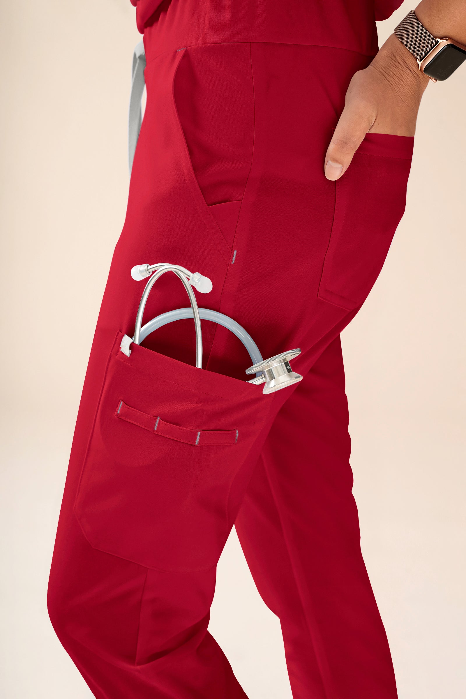 KAERE Pantalon Femme - avec poches cargo Taille courte rouge