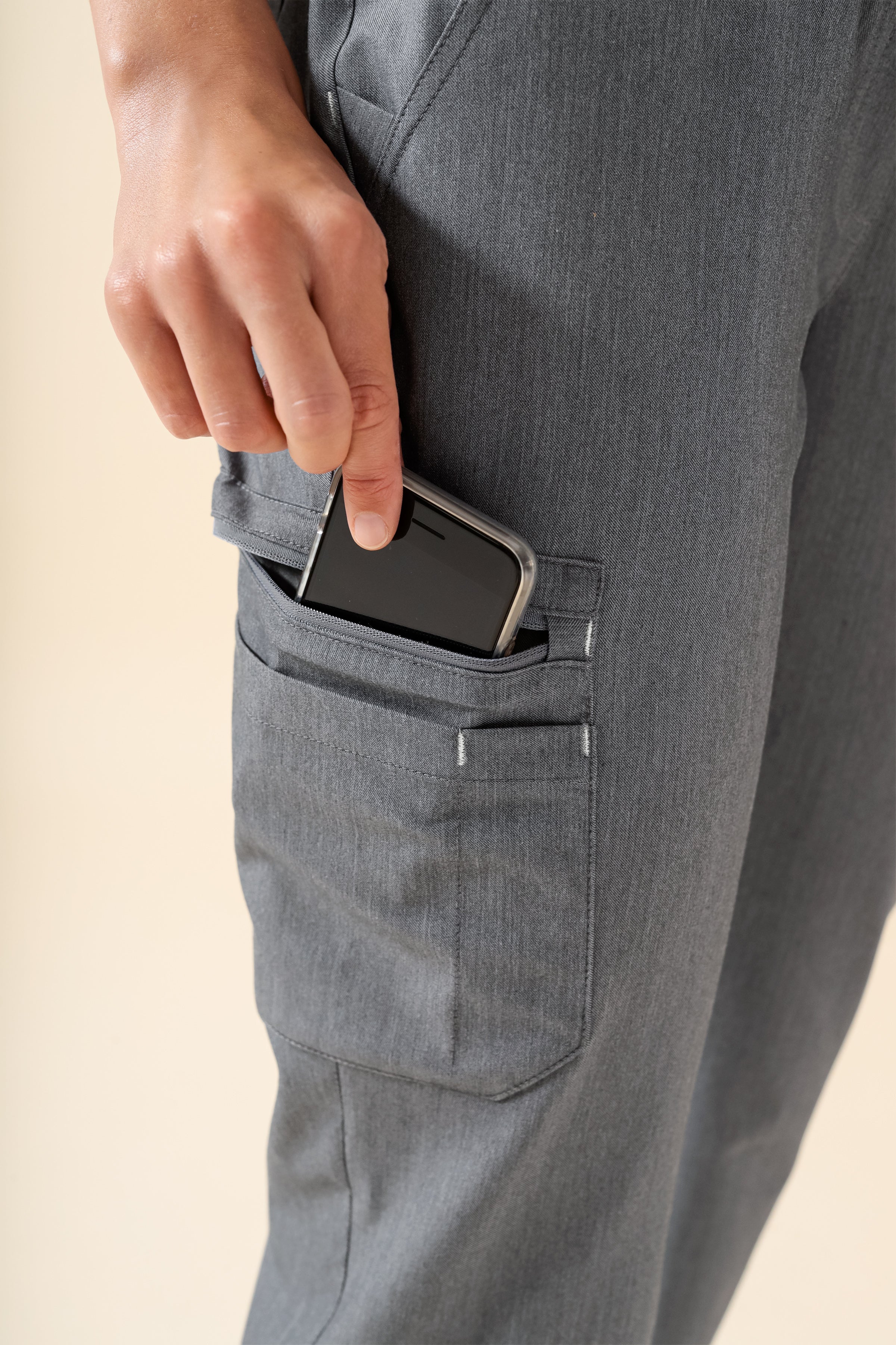 KAERE Pantalon Homme - avec poches cargo et ourlets côtelés Taille courte gris chiné