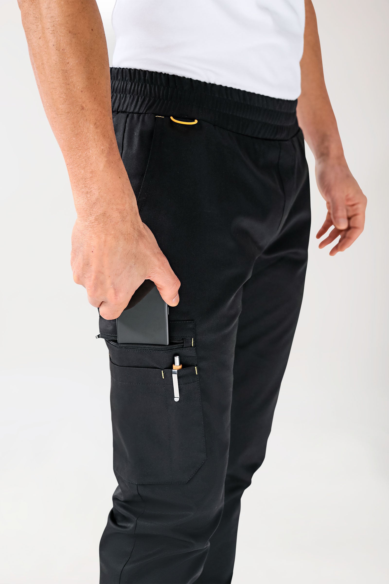 CLINIC STRETCH Pantalon Homme - ourlets côtelés noir/jaune