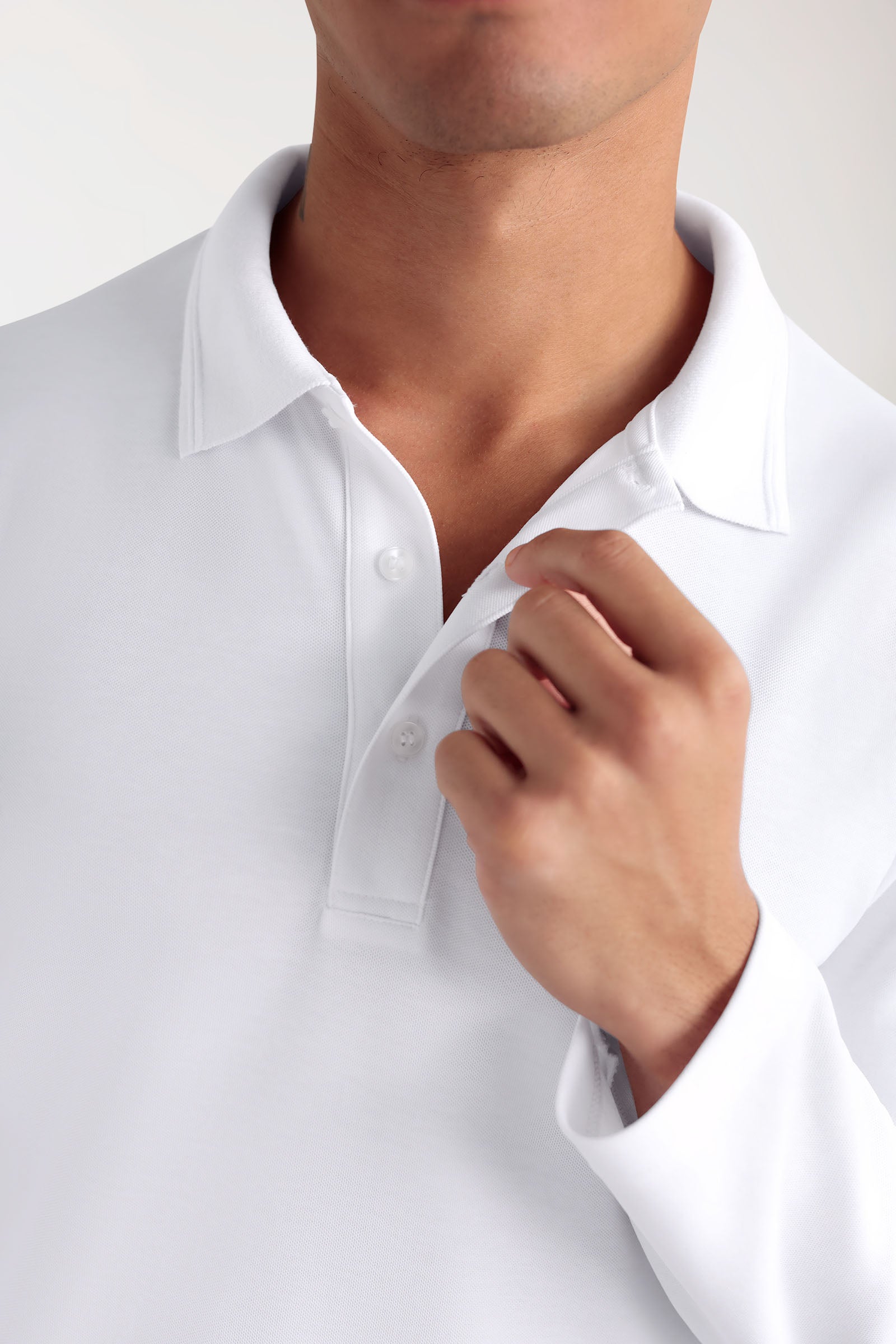 COMFY FLEX Homme, manche longue, maille piquée stretch – Col polo blanc