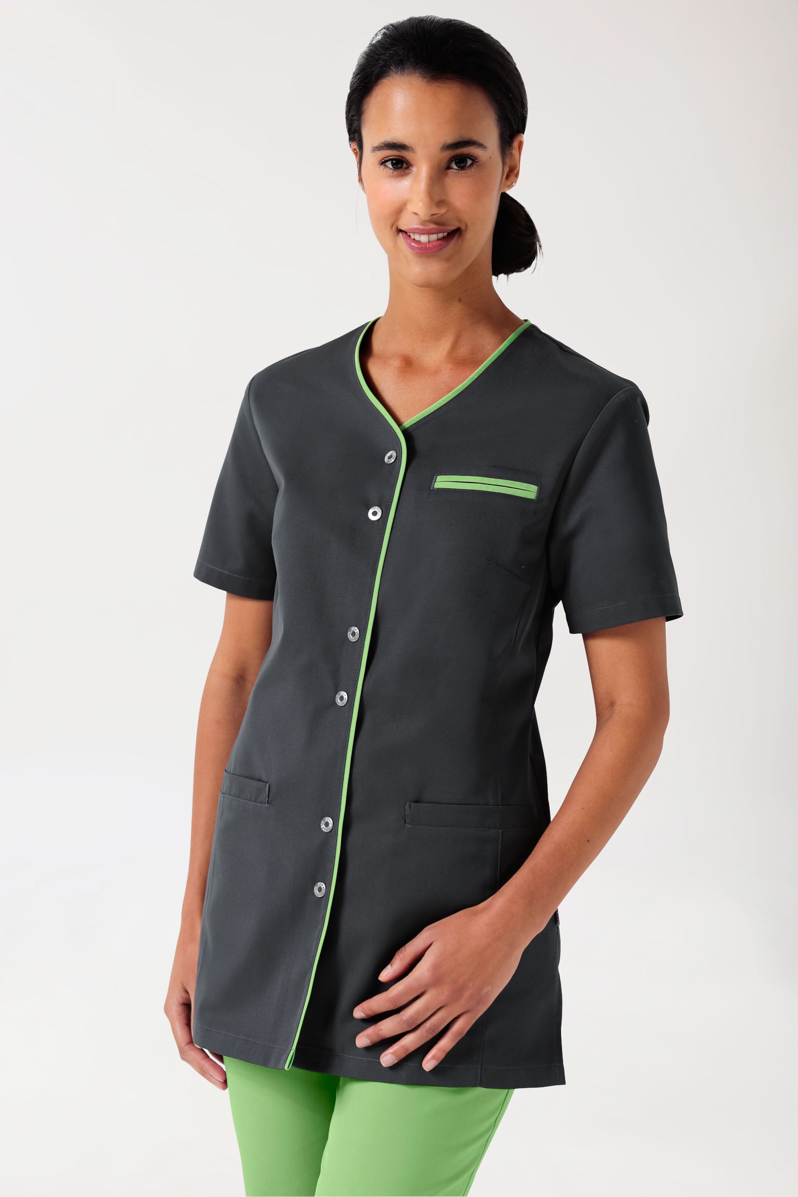 Blouse Beauté Femme - Boutonnée anthracite/vert pomme, Vue de face
