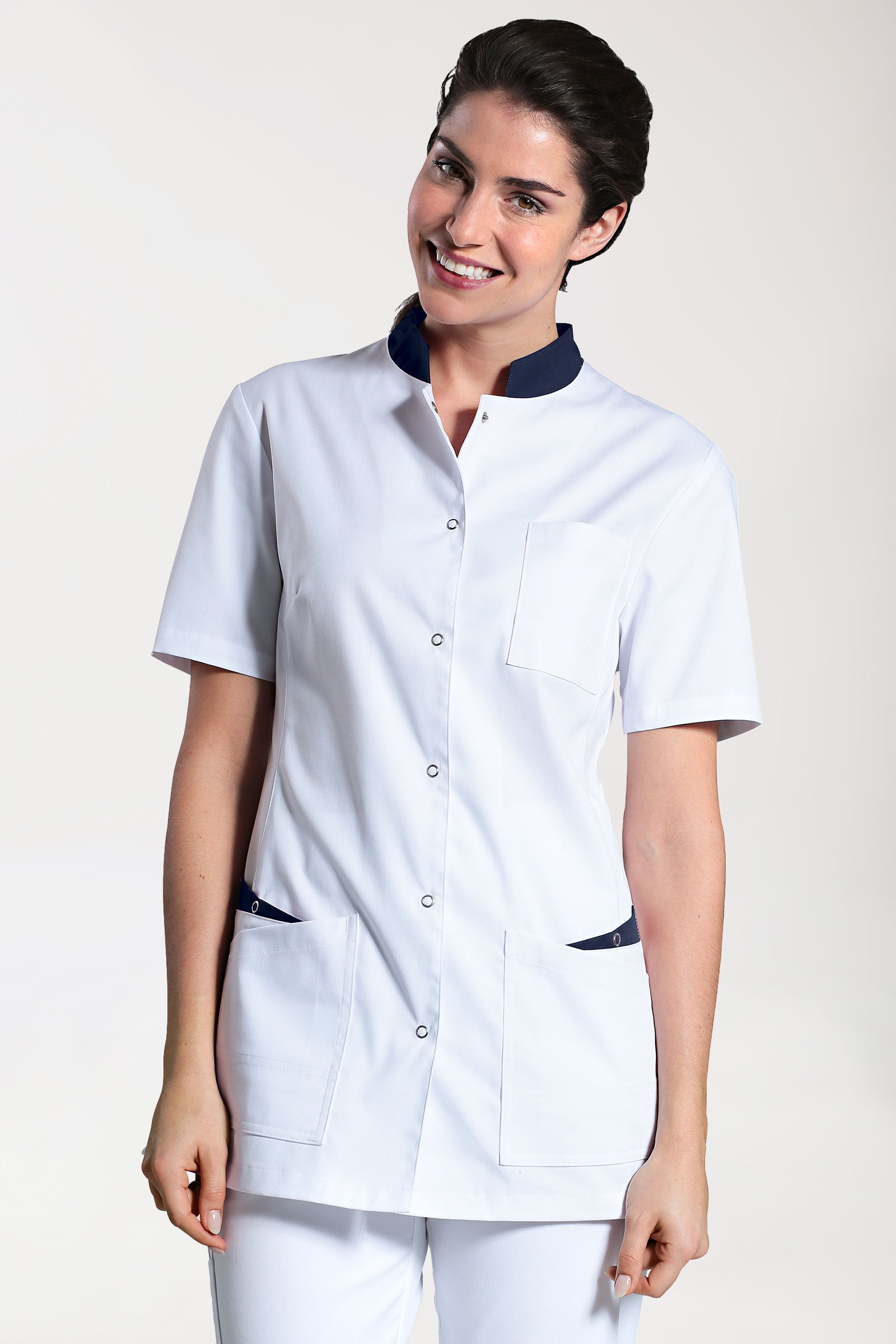 CLINIC STRETCH Tunique Femme - Boutonnée blanc/bleu navy