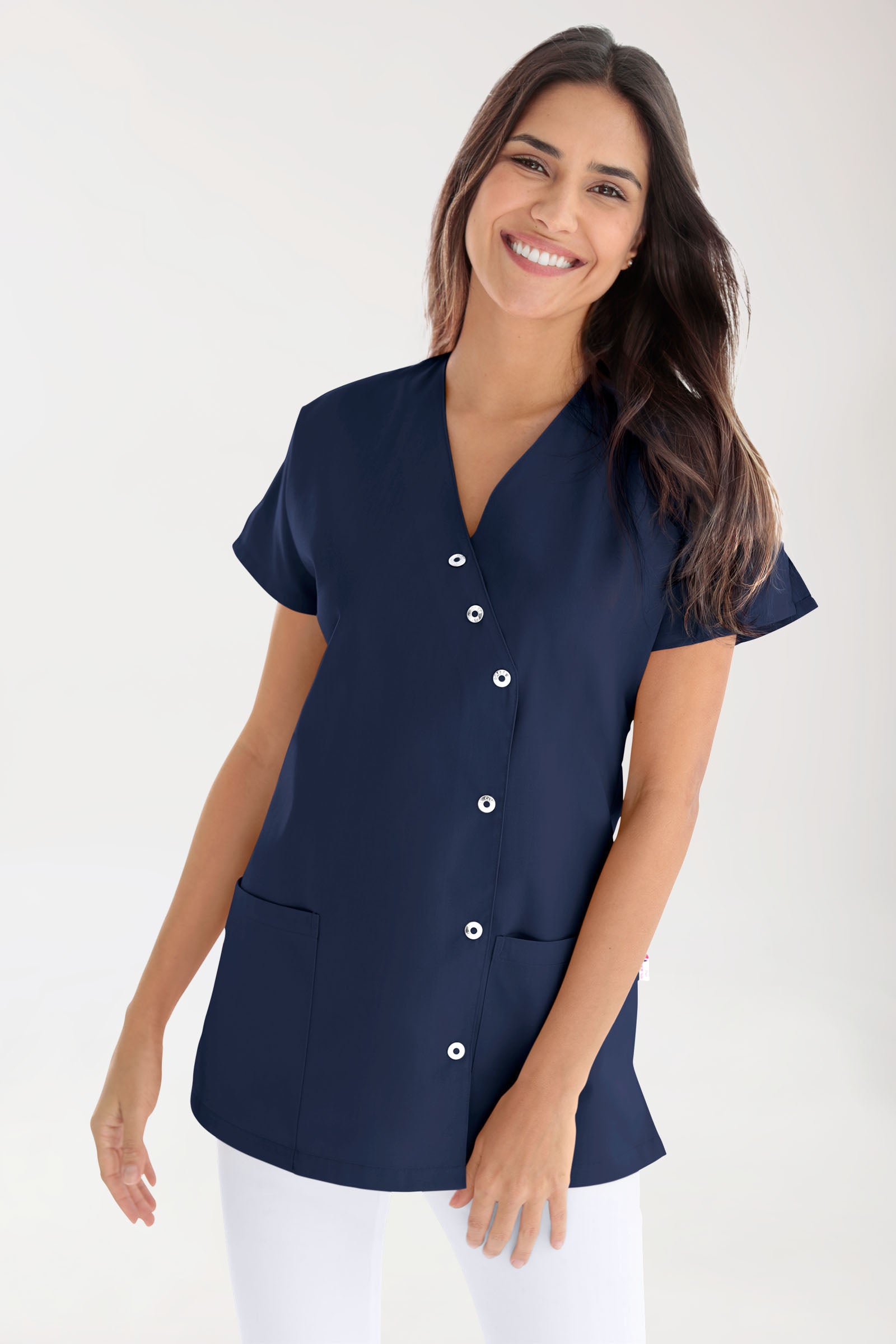 Blouse Beauté Femme - Patte pressions asymétrique bleu navy, Vue de face