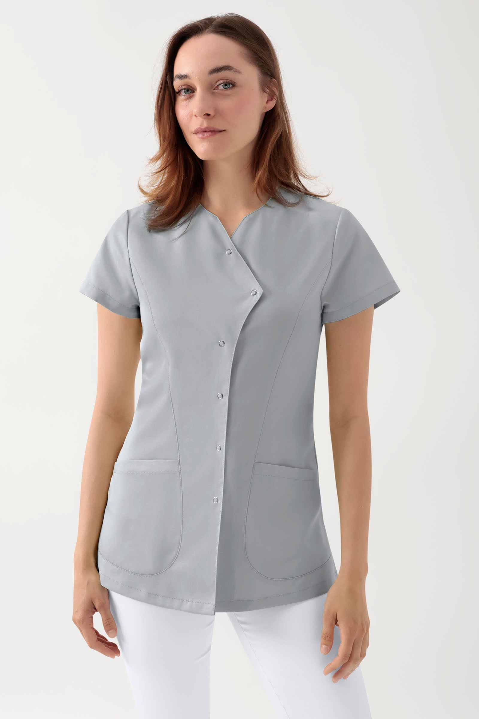 GREEN Blouse Stretch Femme - patte de boutonnage asymétrique gris perle