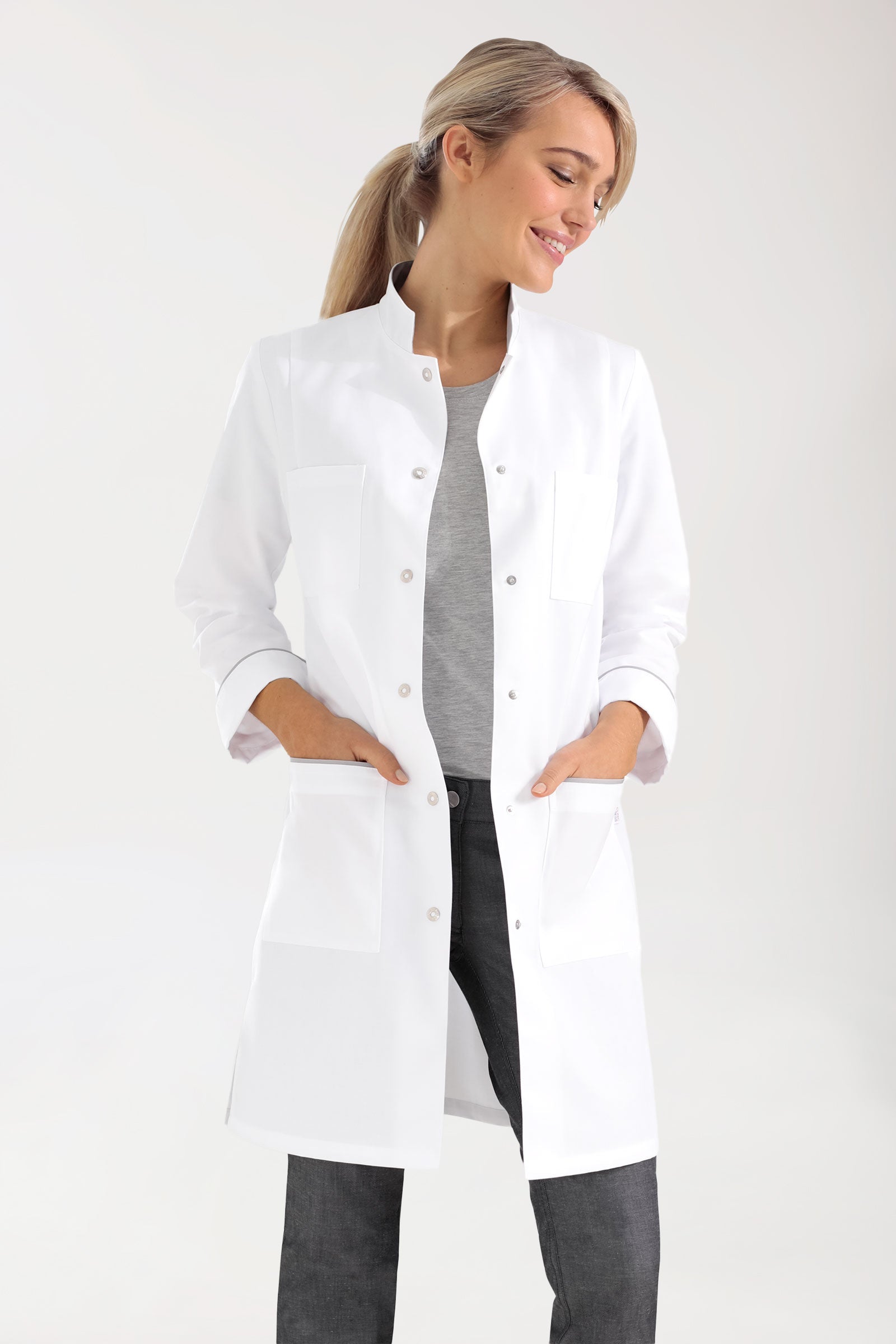 Blouse mi-longue Femme - Col officier blanc/gris