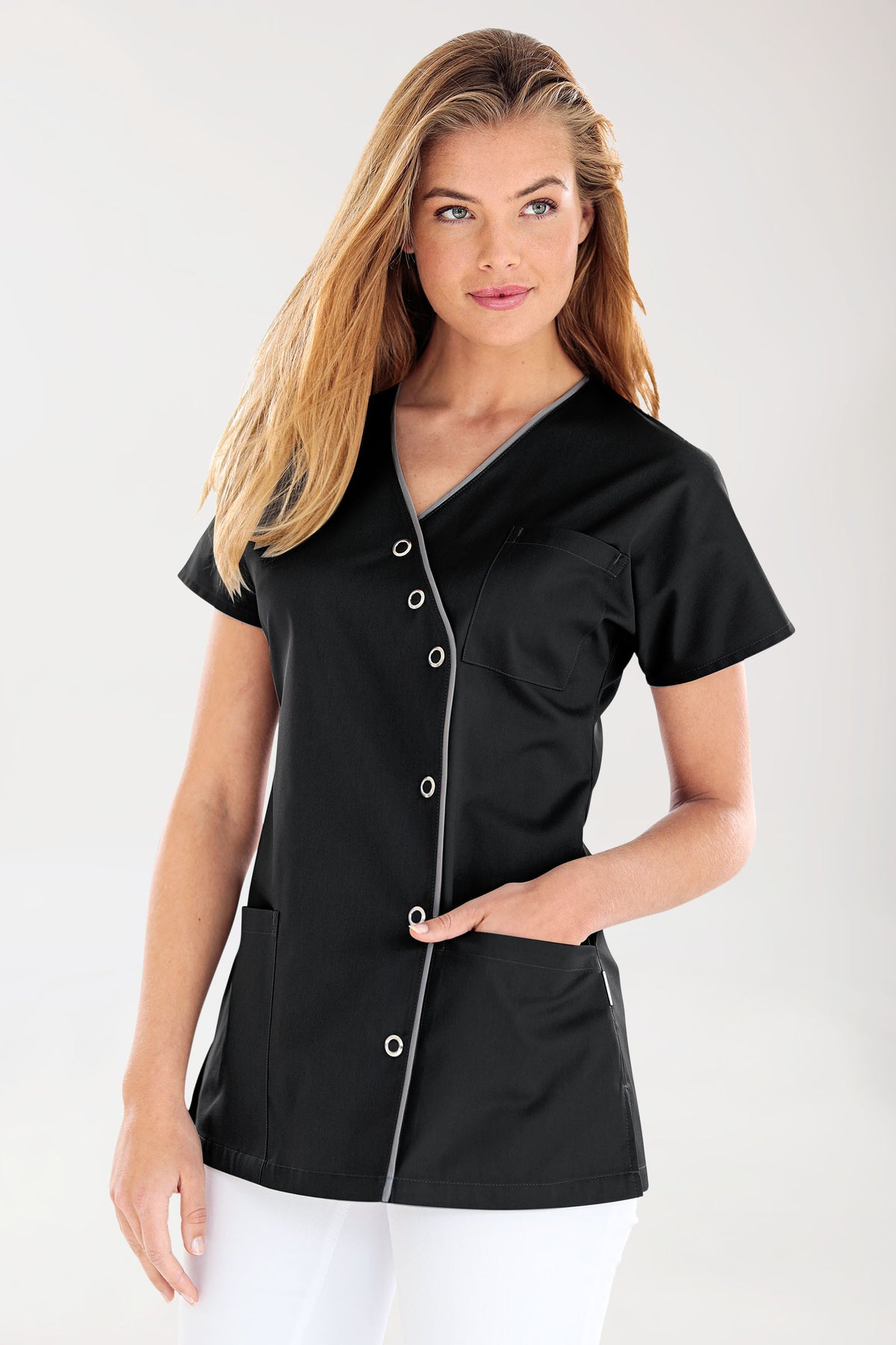 Blouse Beauté Femme - Patte pressions asymétrique noir/gris