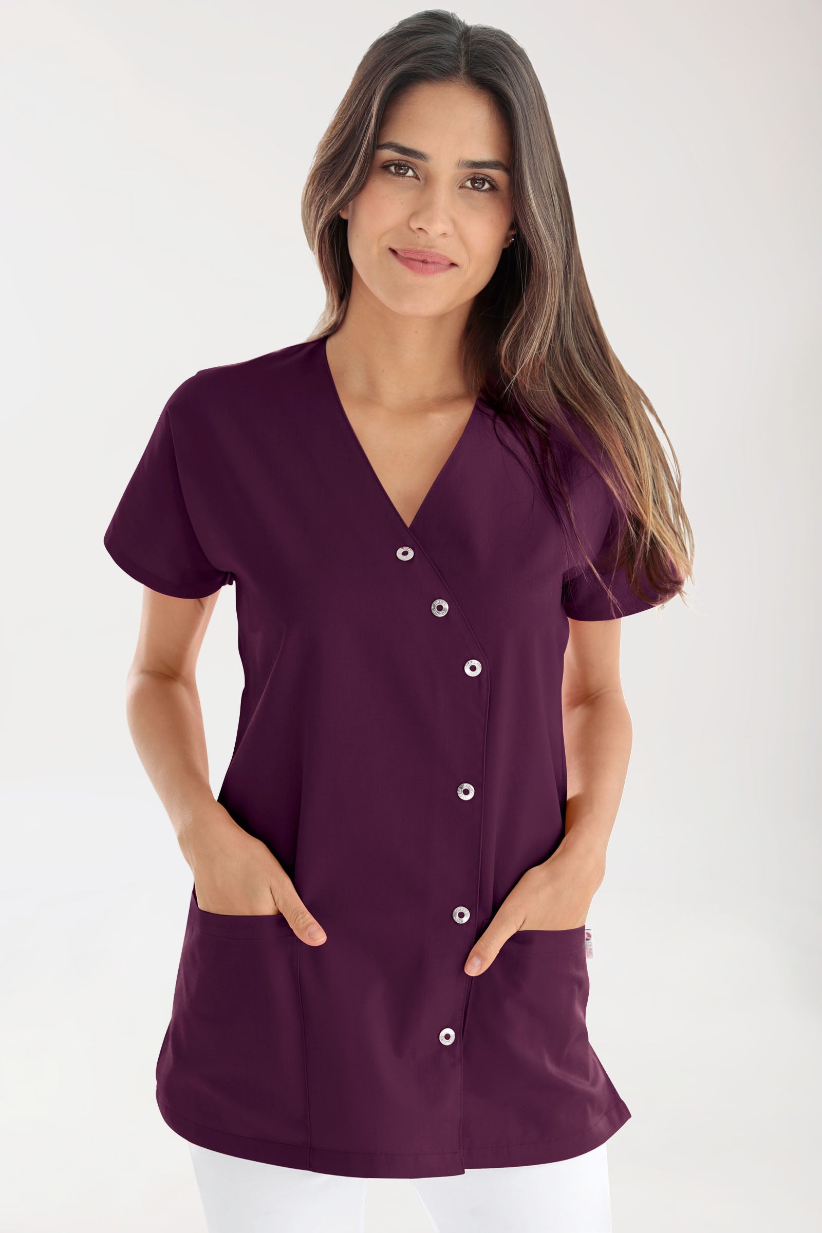 Blouse Beauté Femme - Patte pressions asymétrique prune, Vue de face