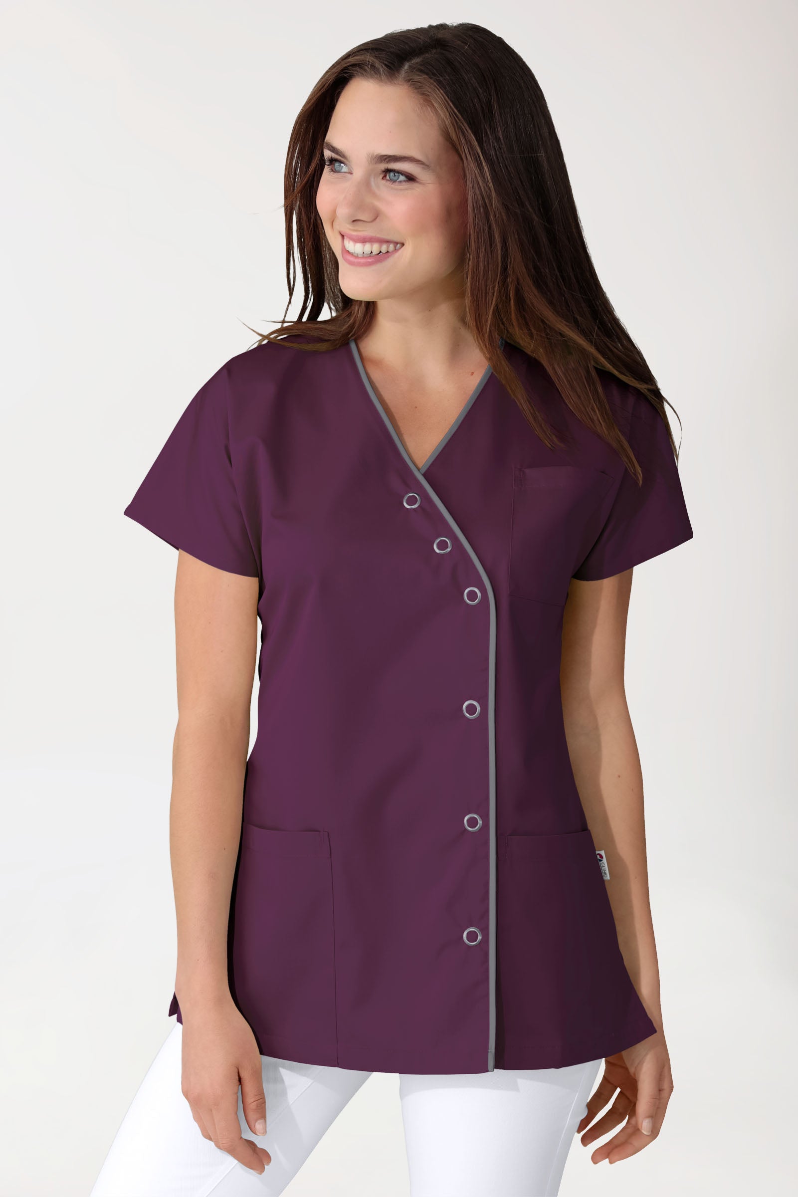 Blouse Beauté Femme - Patte pressions asymétrique prune/gris, Vue de face
