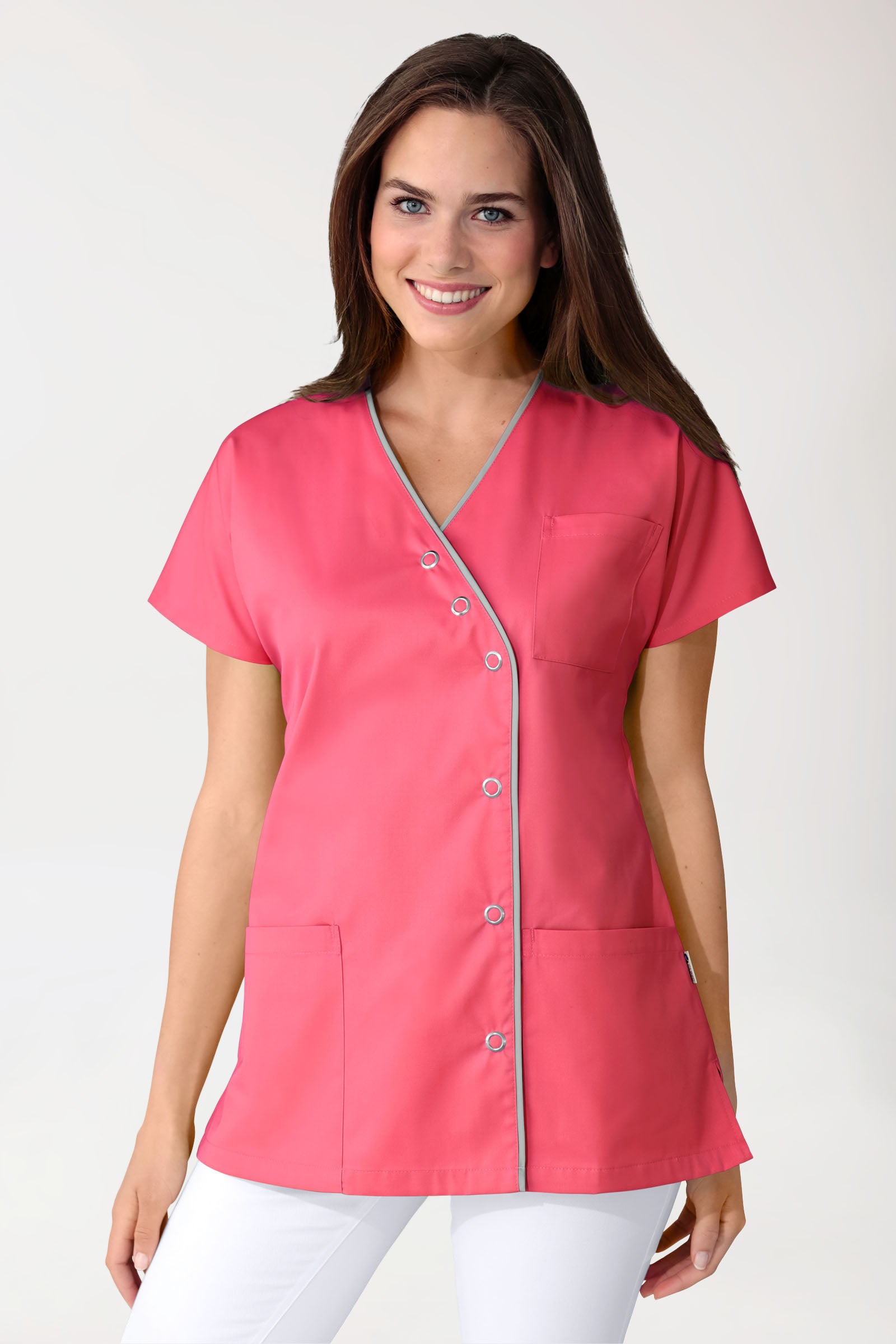 Blouse Beauté Femme - Patte pressions asymétrique rose lipstick/gris