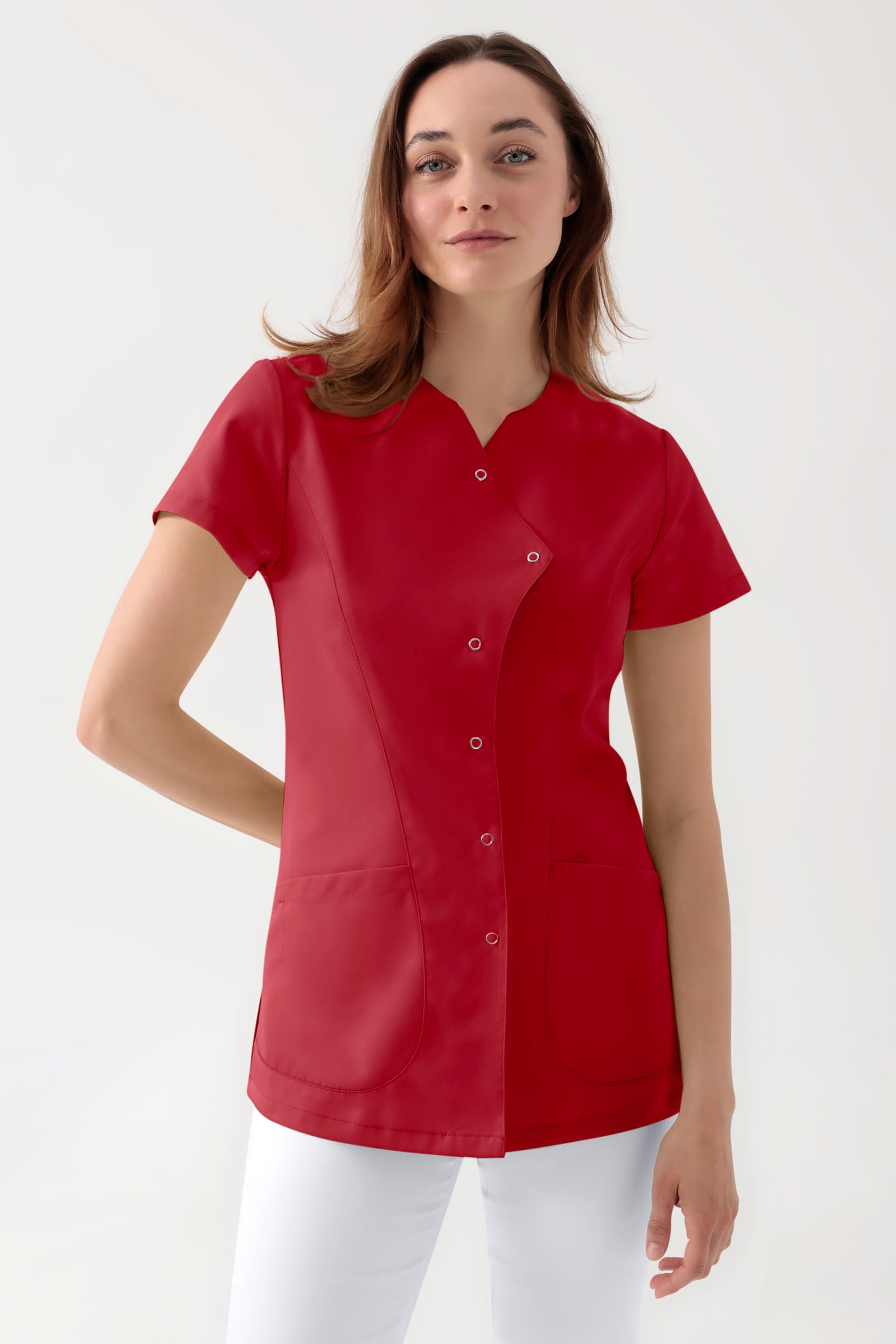 GREEN Blouse Stretch Femme - patte de boutonnage asymétrique rouge, Vue de face