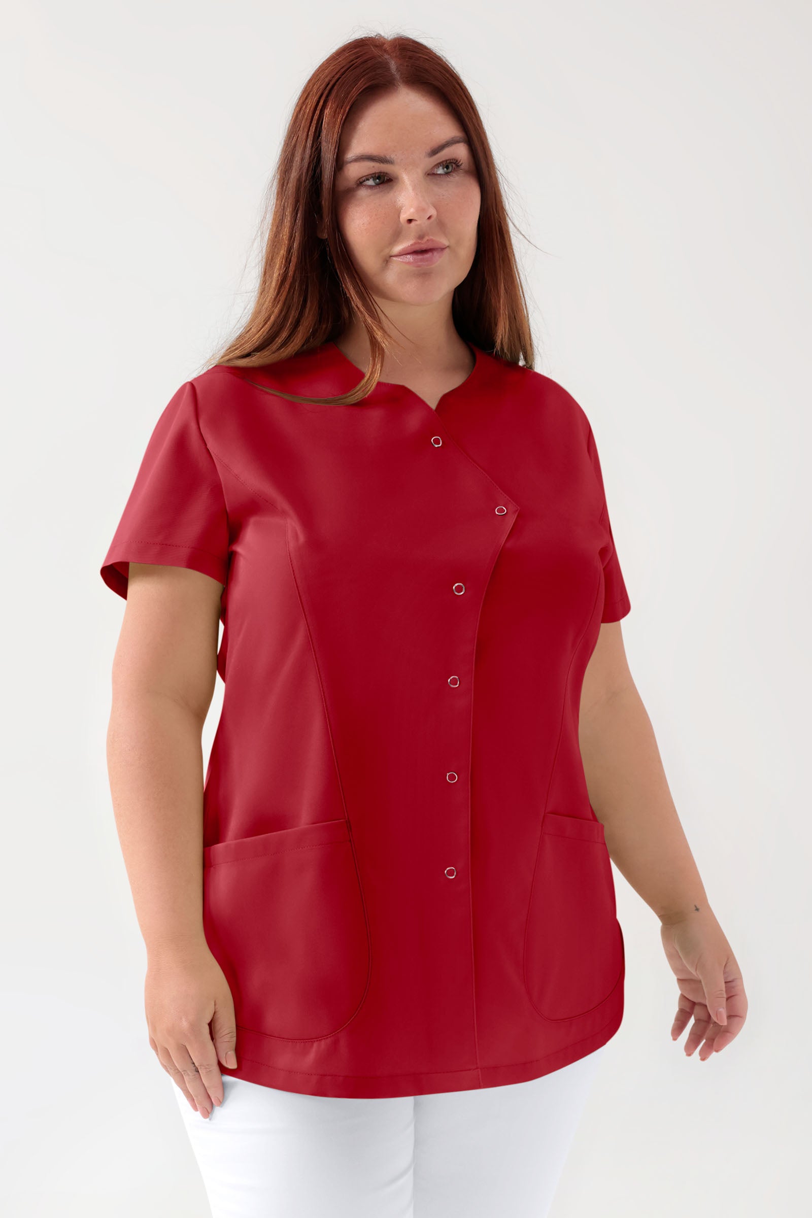 GREEN Blouse Stretch Femme - patte de boutonnage asymétrique rouge, Vue de face