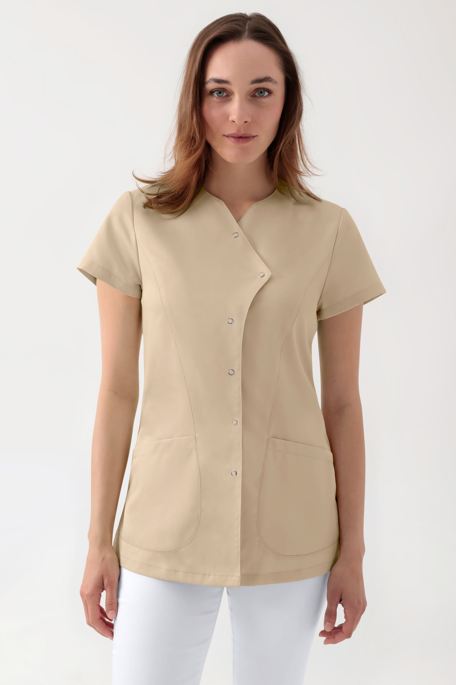 GREEN Blouse Stretch Femme - patte de boutonnage asymétrique sable