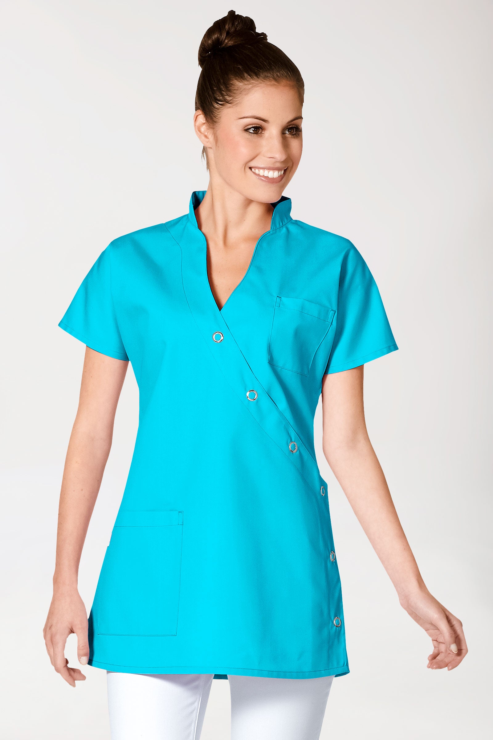 JUST STRONG Blouse Femme - Patte de boutonnage turquoise, Vue de face