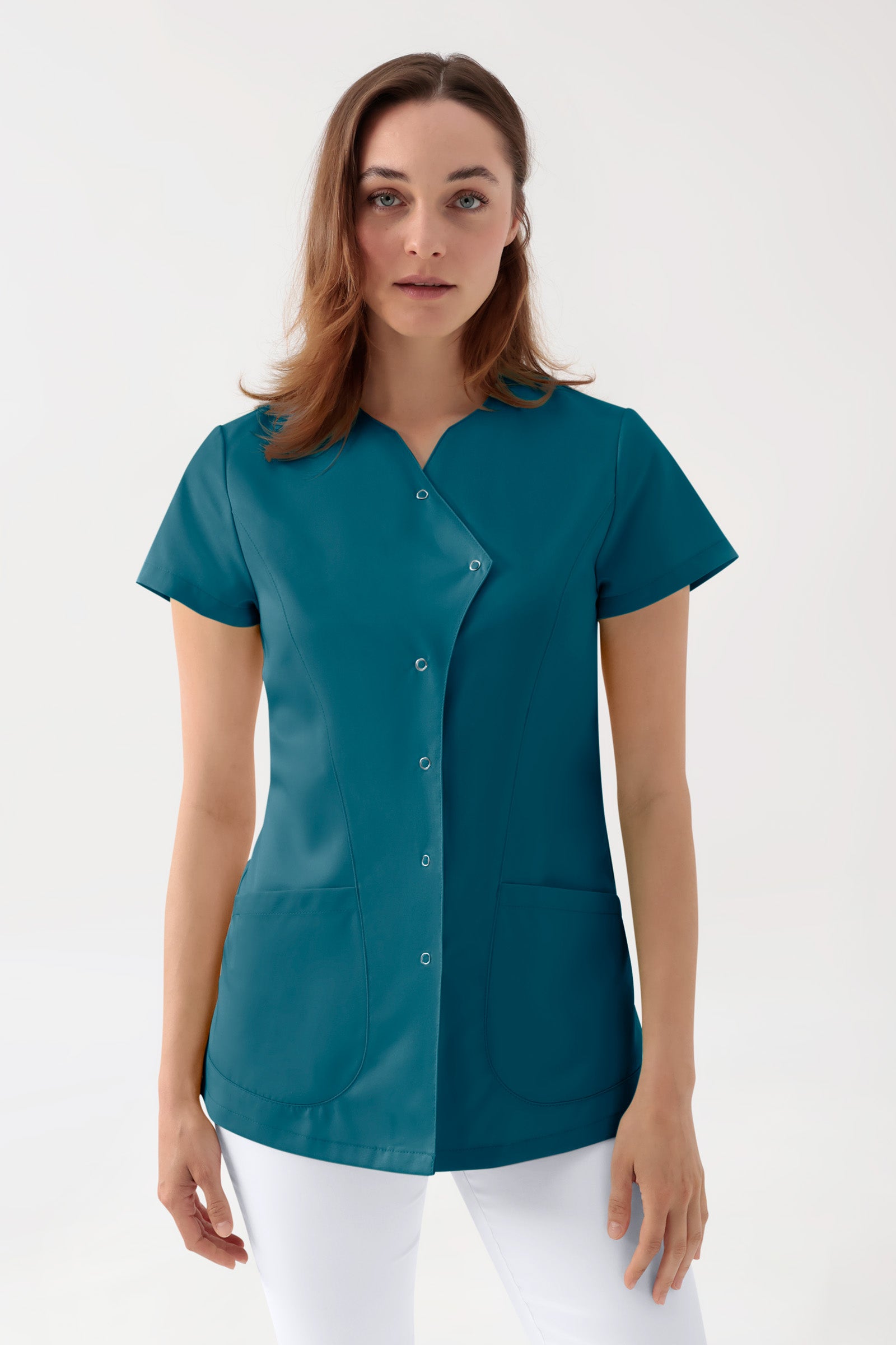 GREEN Blouse Stretch Femme - patte de boutonnage asymétrique pétrole