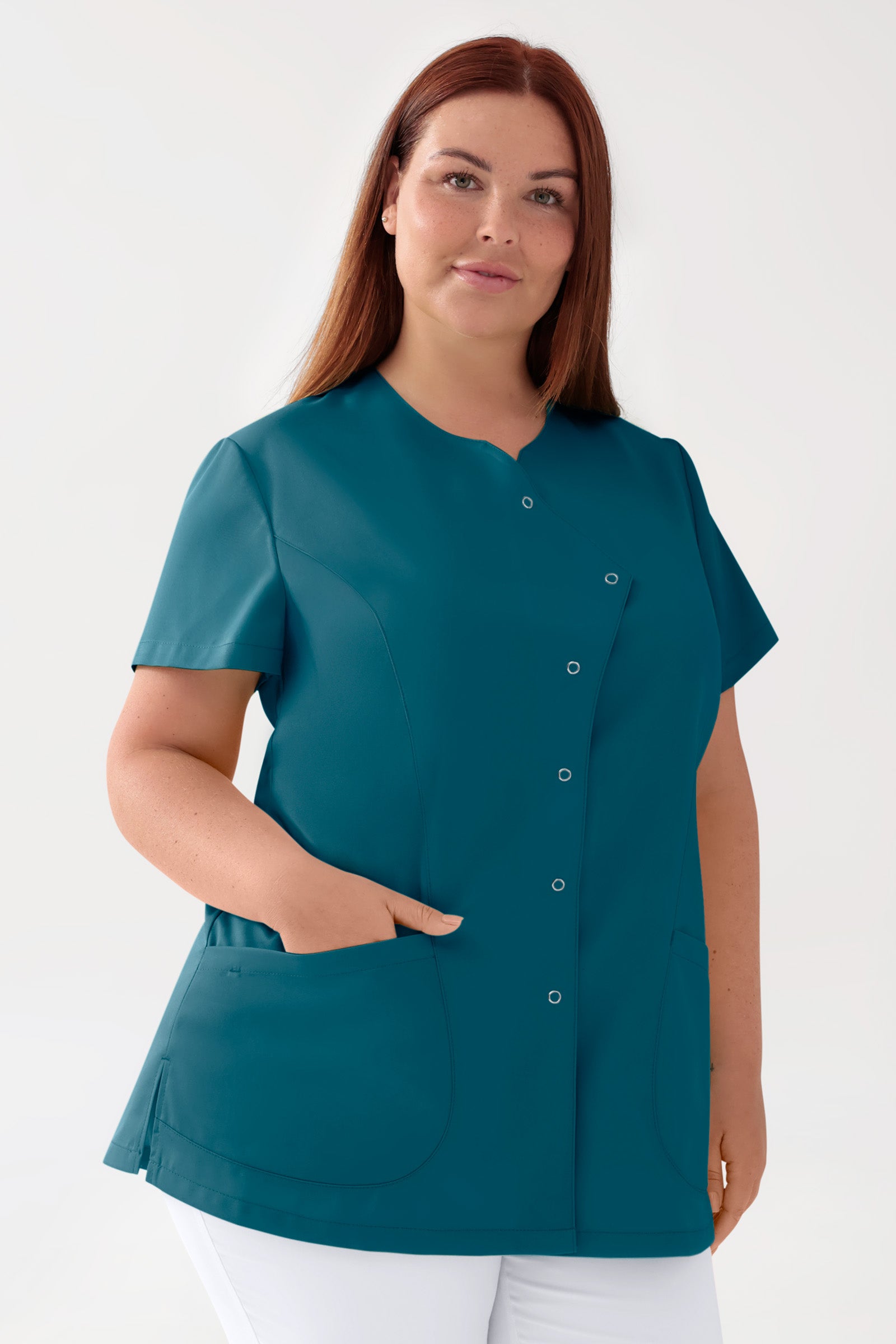 GREEN Blouse Stretch Femme - patte de boutonnage asymétrique pétrole