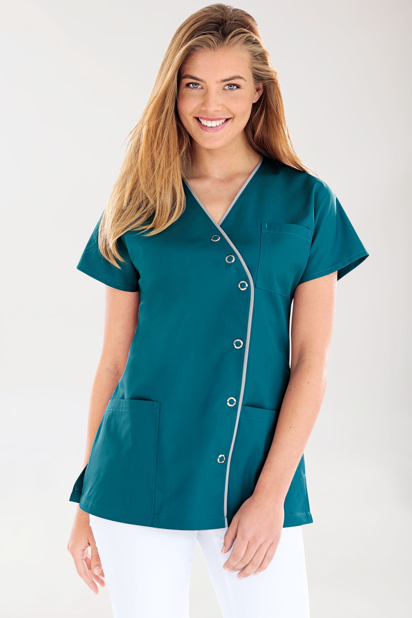 Blouse Beauté Femme - Patte pressions asymétrique vert pétrole/gris