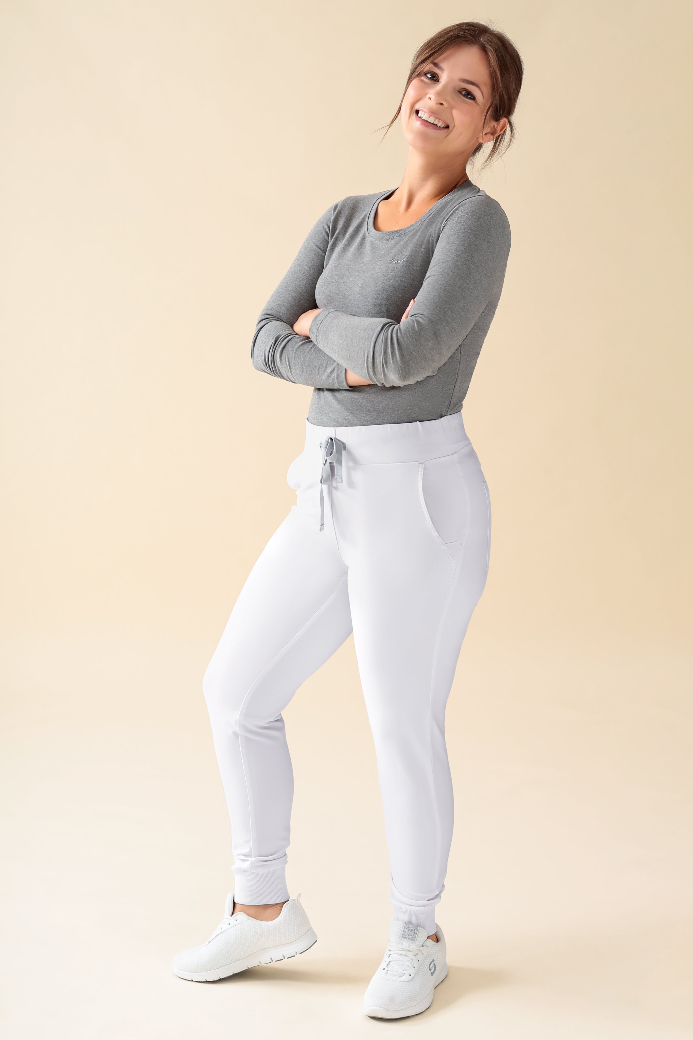 KAERE Pantalon Femme - ourlets côtelés Taille courte et sans poches cargo blanc, Vue de face