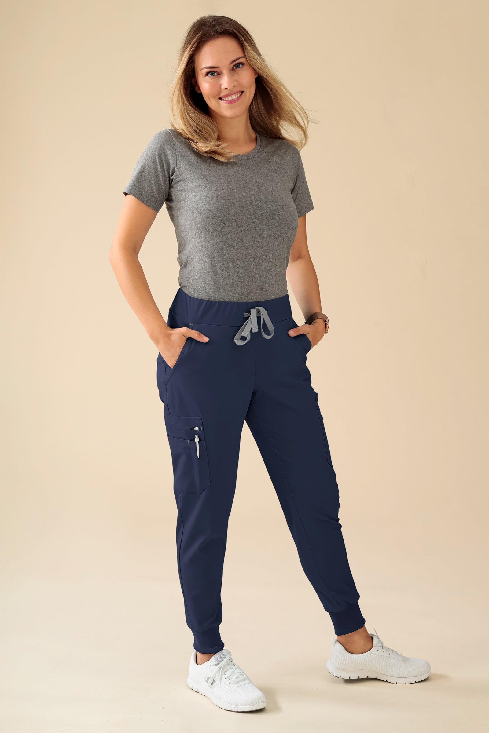 KAERE Pantalon Femme - avec poches cargo et ourlets côtelés Taille courte bleu navy, Vue de face