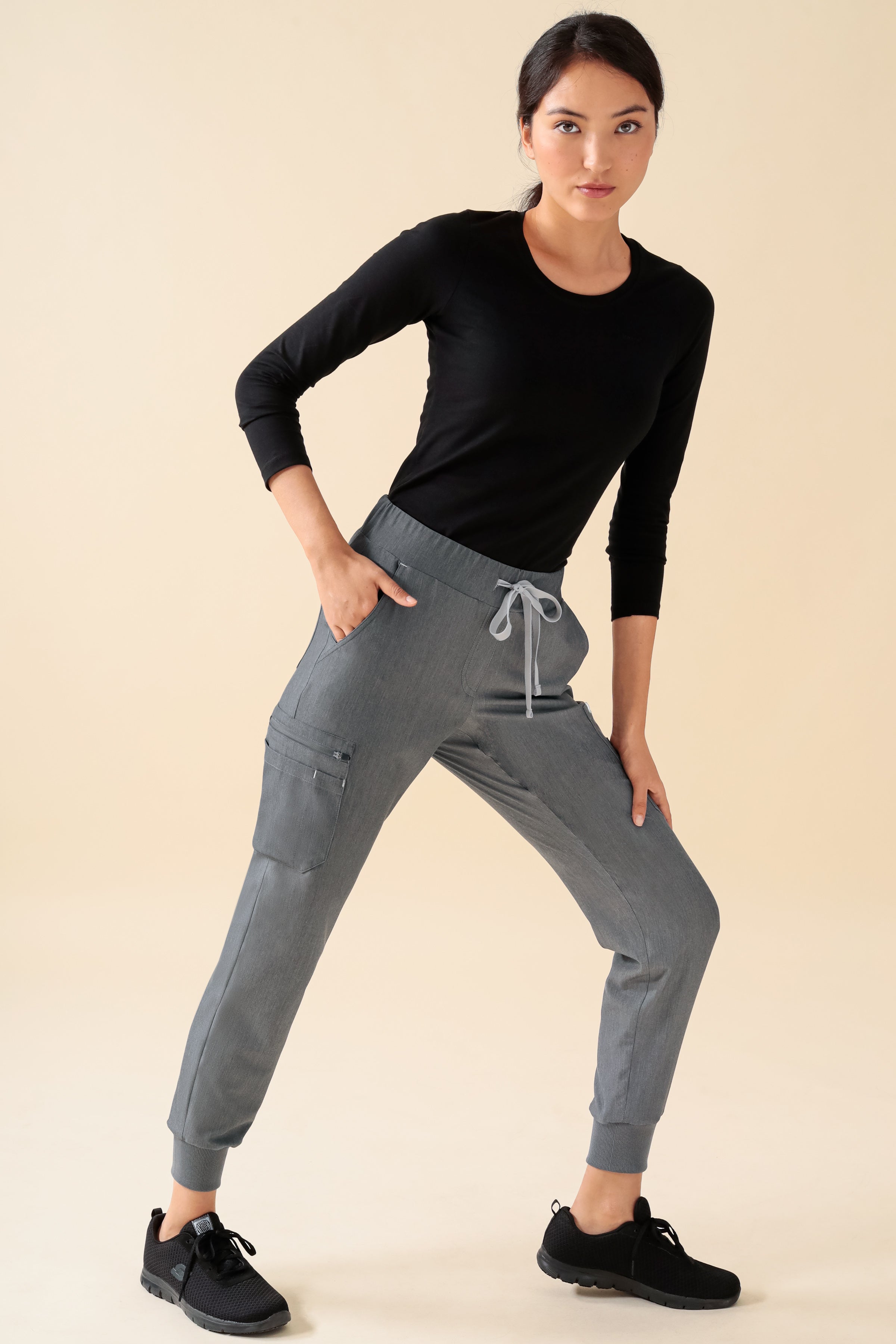 KAERE Pantalon Femme - avec poches cargo et ourlets côtelés gris chiné