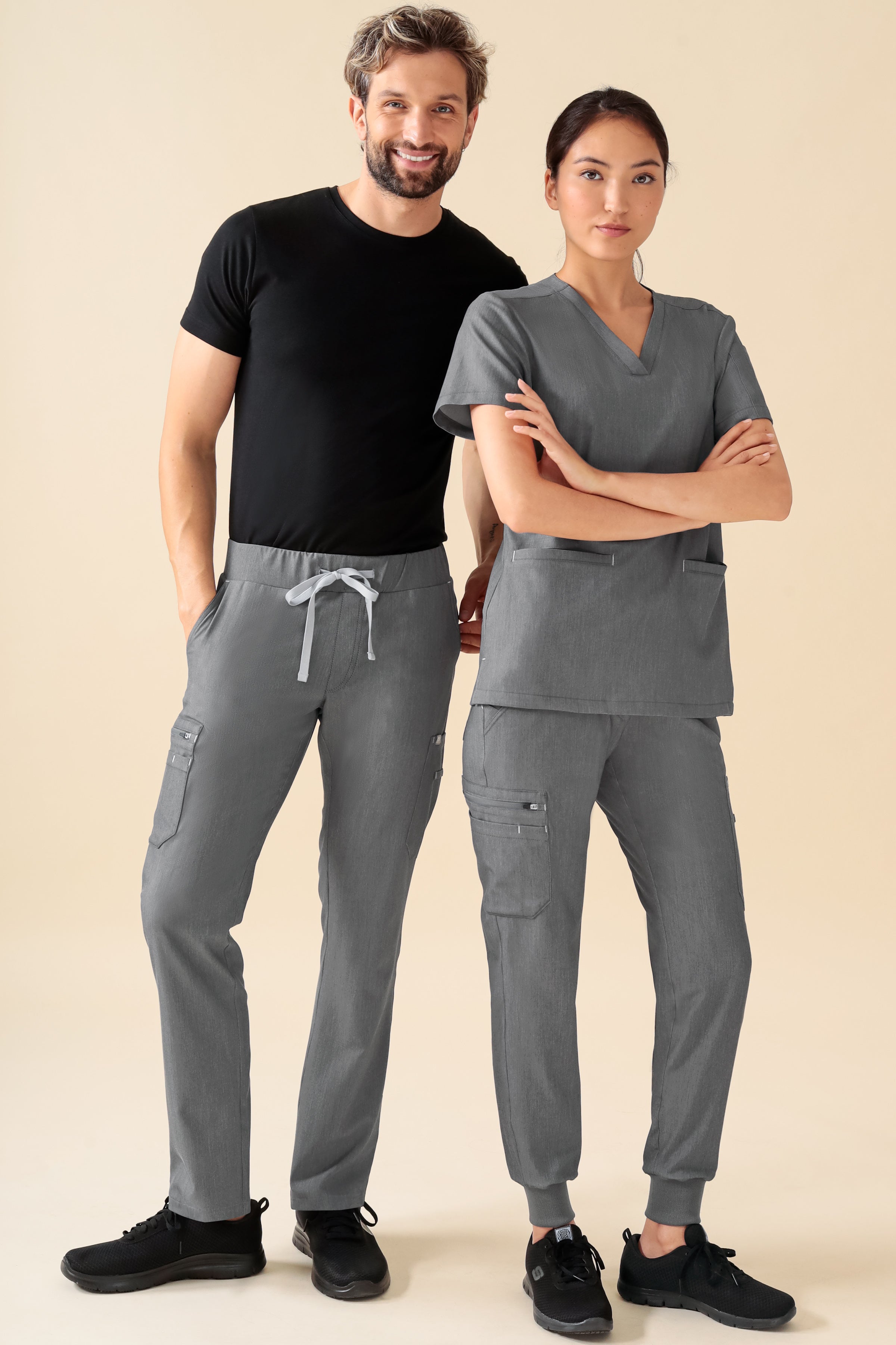 KAERE Pantalon Femme - avec poches cargo et ourlets côtelés gris chiné