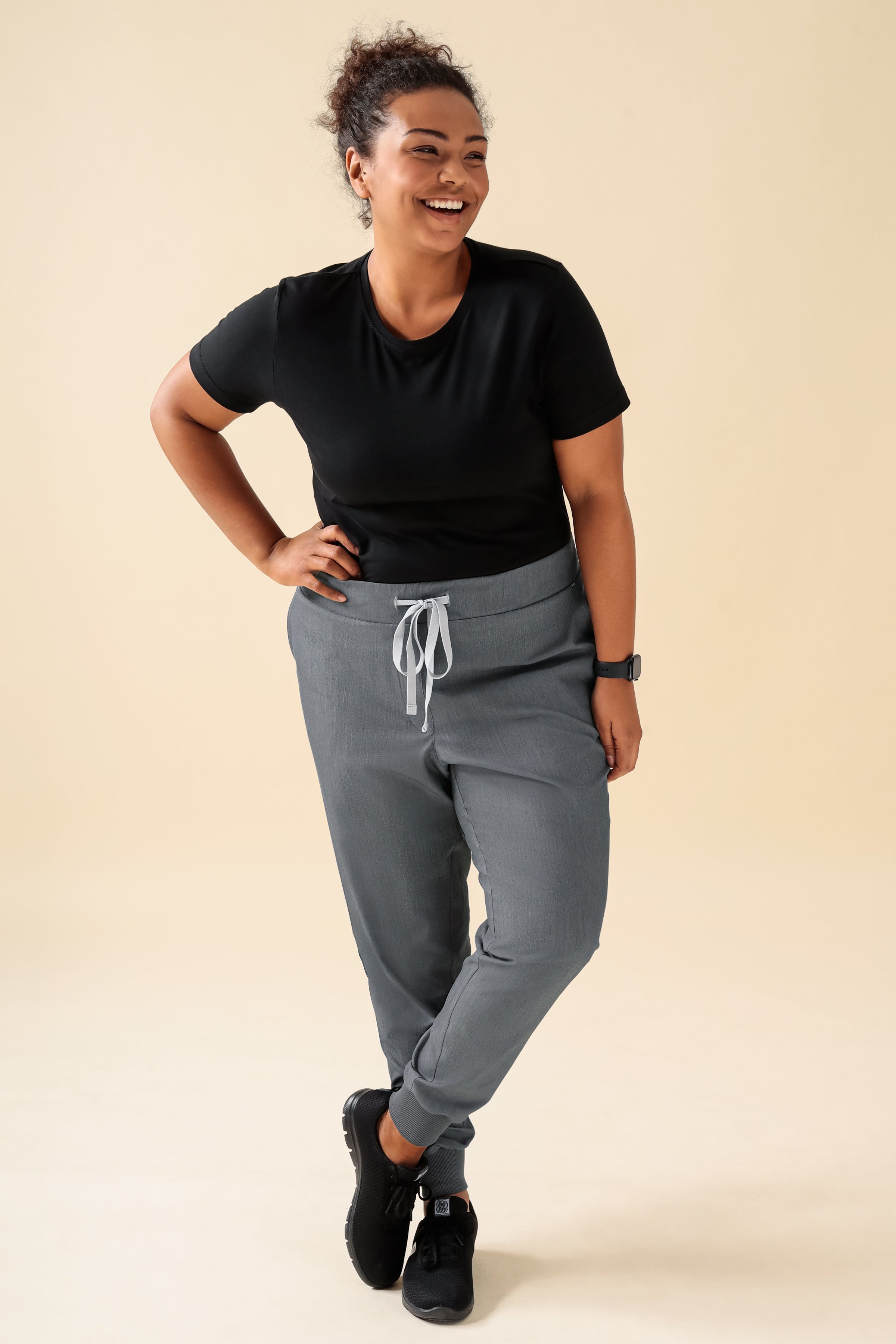 KAERE Pantalon Femme - ourlets côtelés et sans poches cargo gris chiné