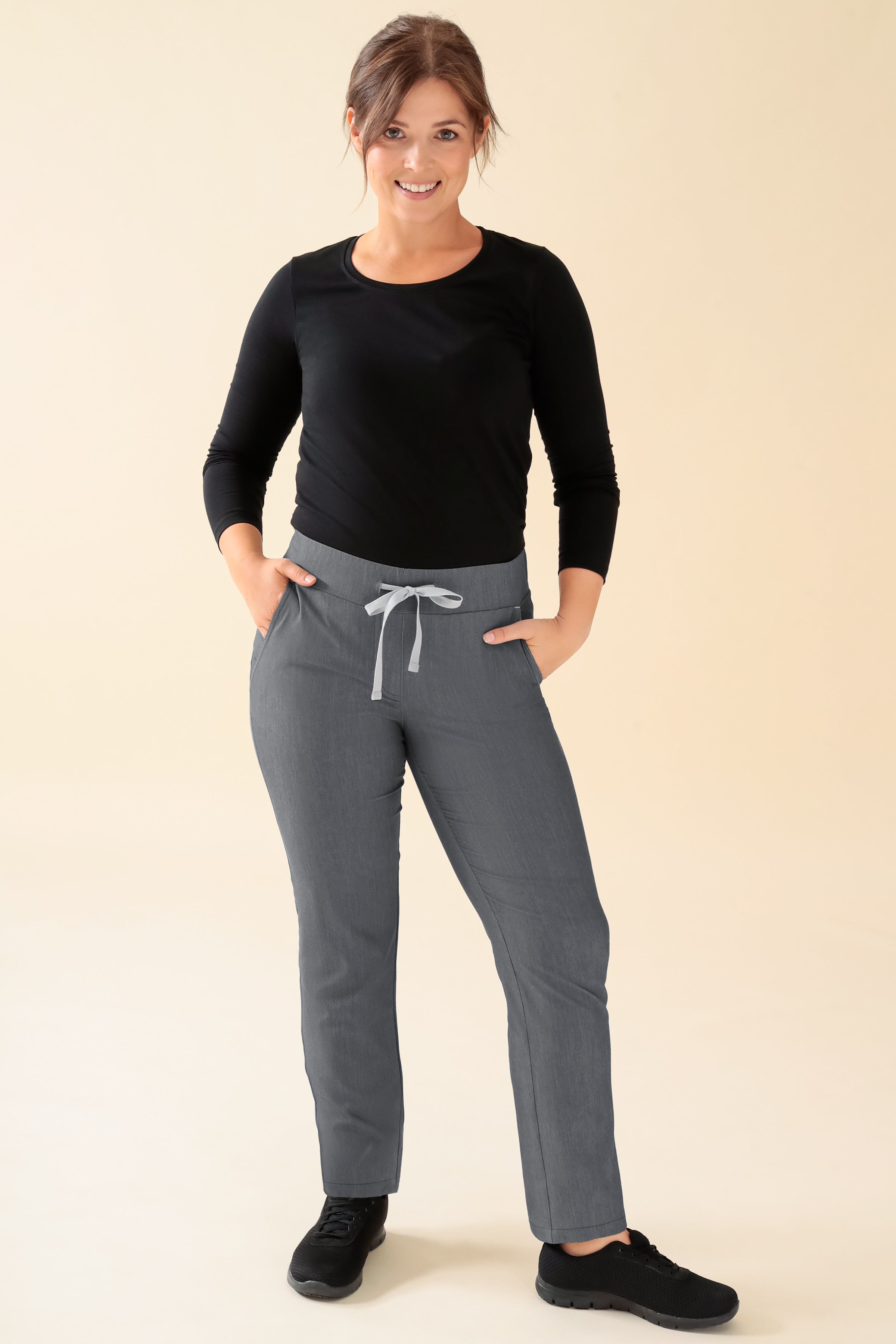 KAERE Pantalon Femme - Taille courte et sans poches cargo gris chiné, Vue de face